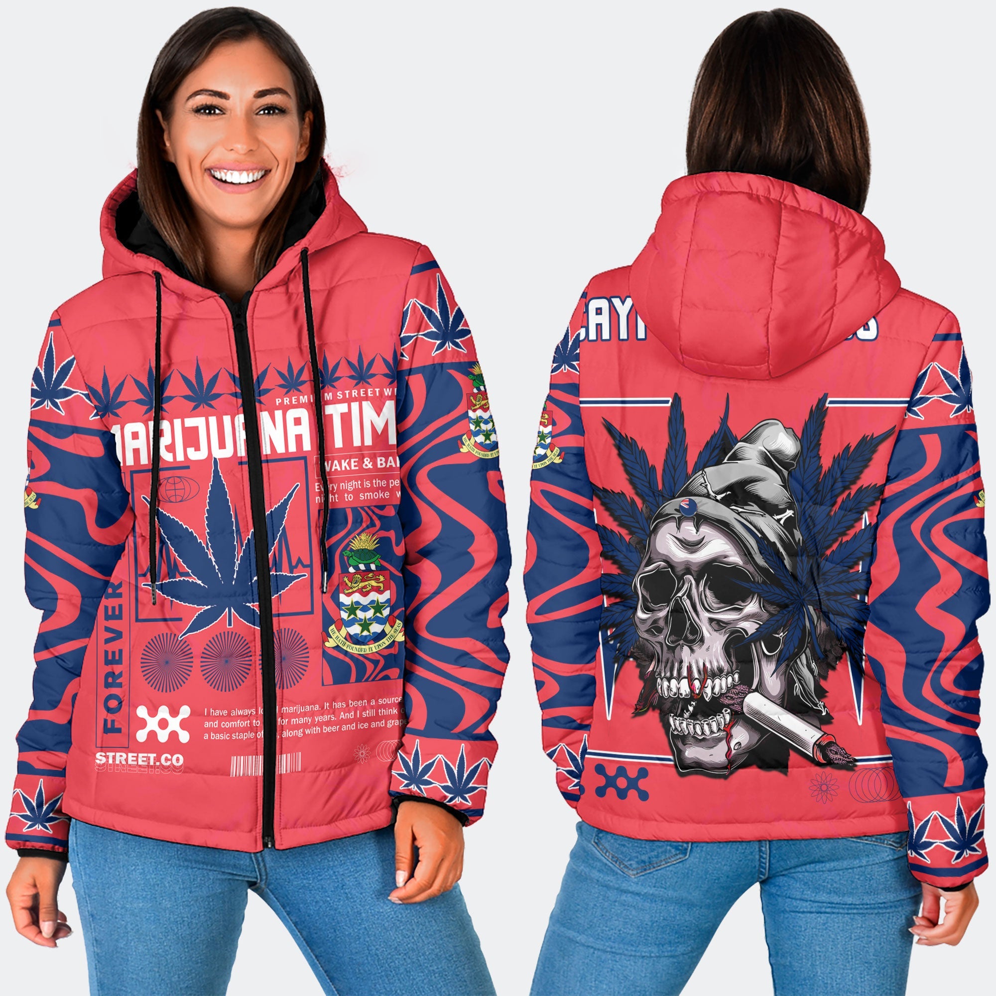 Cayman Islands Women Hooded Padded Jacket Flag & Coat Of Arms Marijuanas Style