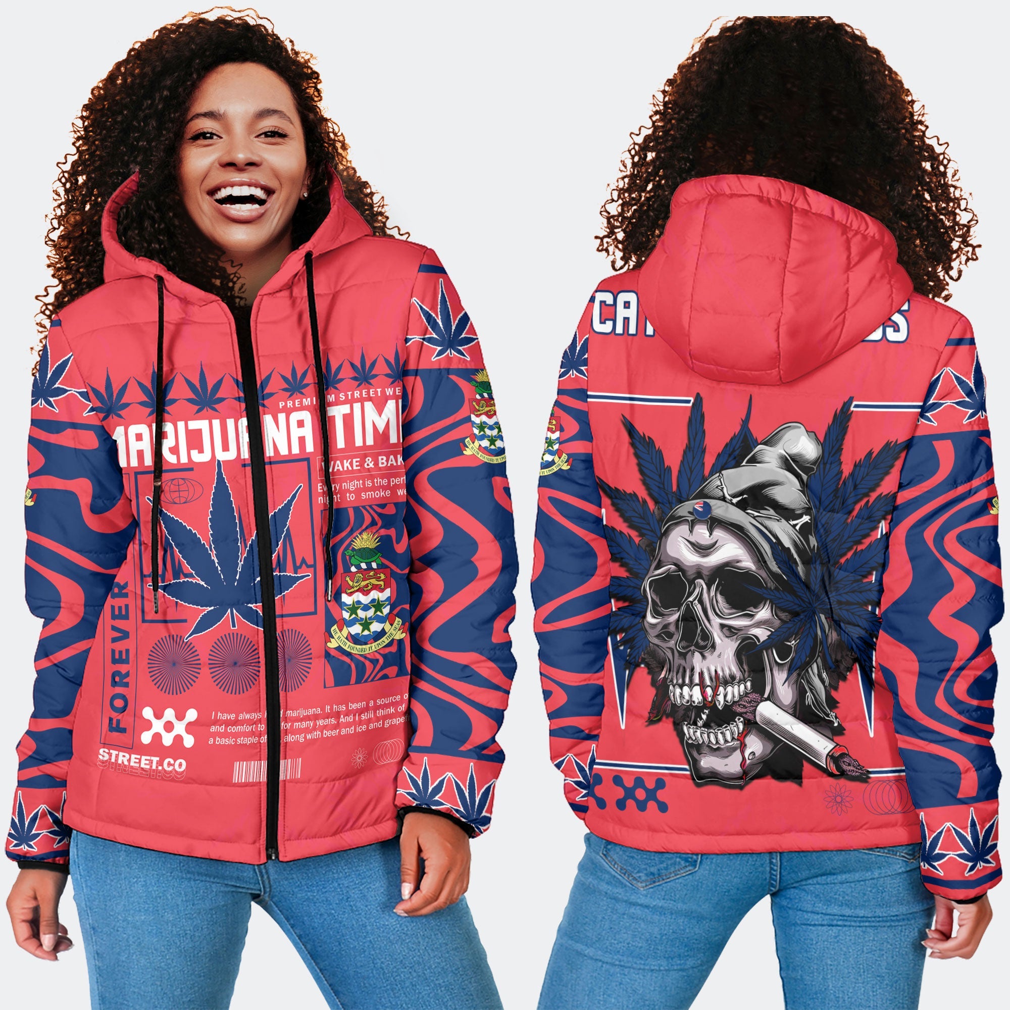 Cayman Islands Women Hooded Padded Jacket Flag & Coat Of Arms Marijuanas Style