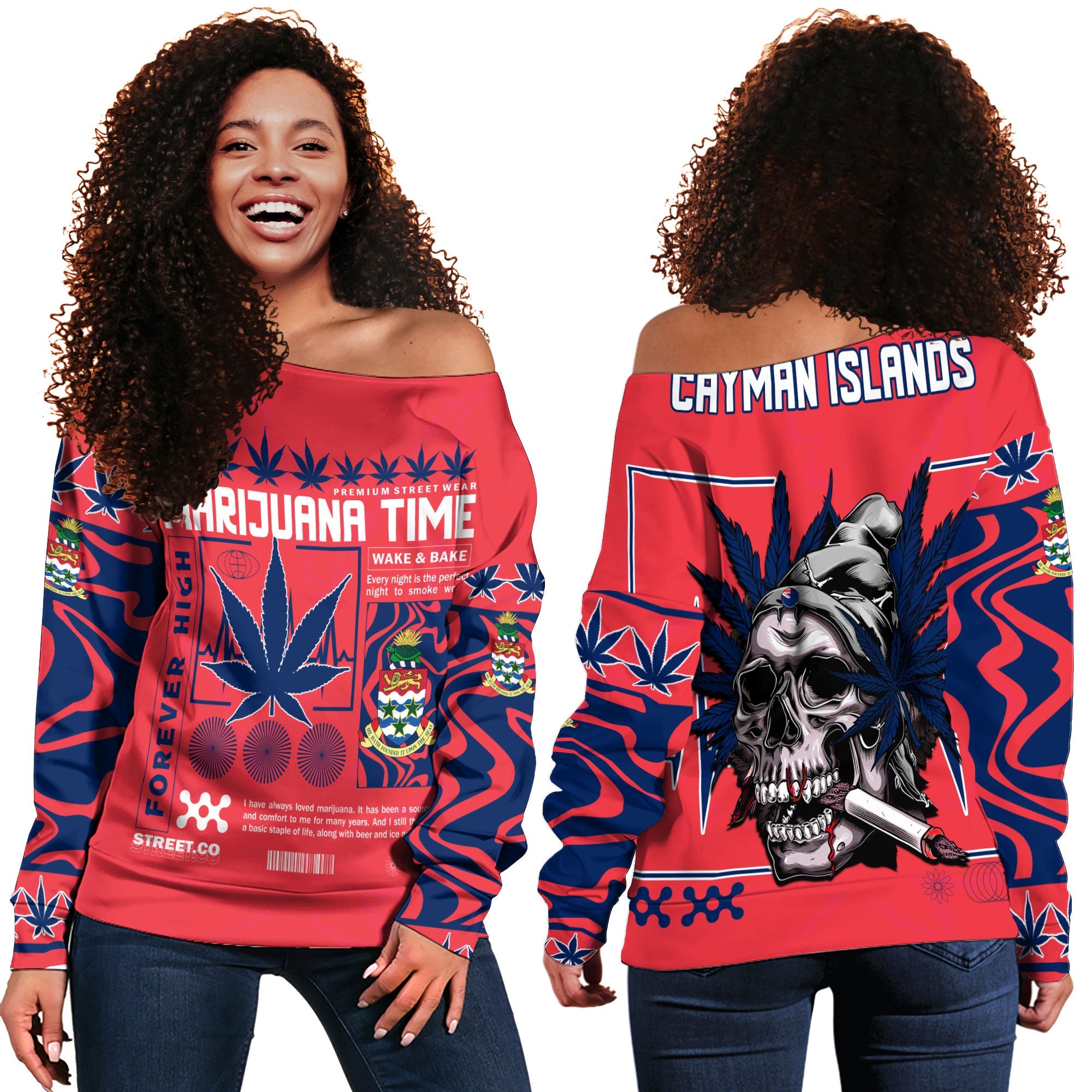 Cayman Islands Women Off Shoulder Sweatshirt Flag & Coat Of Arms Marijuanas Style