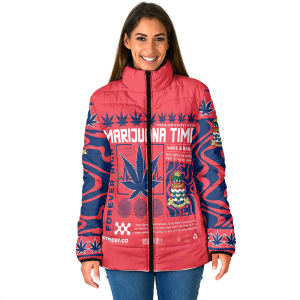 Cayman Islands Women Padded Jacket Flag & Coat Of Arms Marijuanas Style