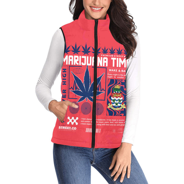 Cayman Islands Women Padded Jacket Vest Flag & Coat Of Arms Marijuanas Style