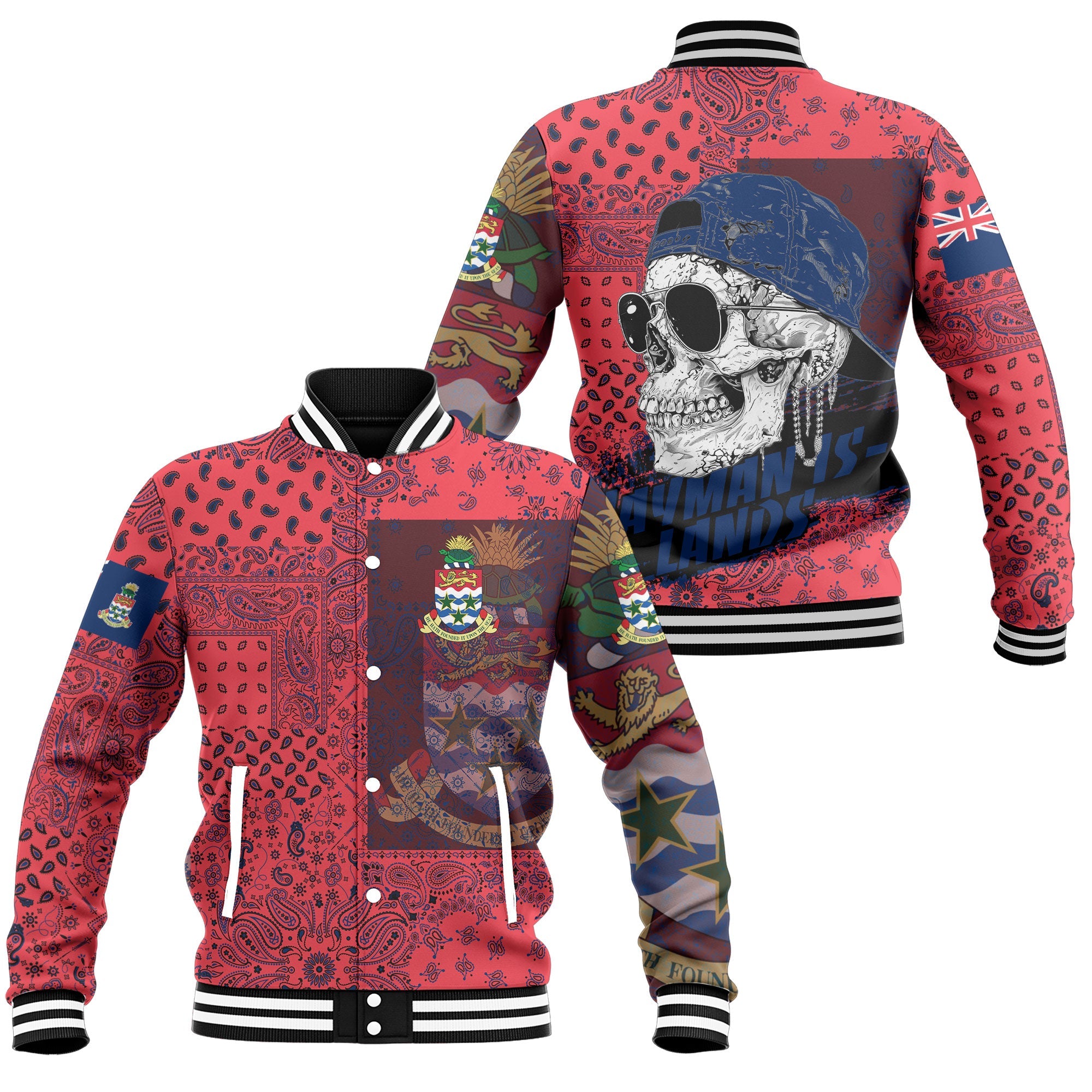 Cayman Islands Baseball Jacket Paisley Flag And Skull Style 1