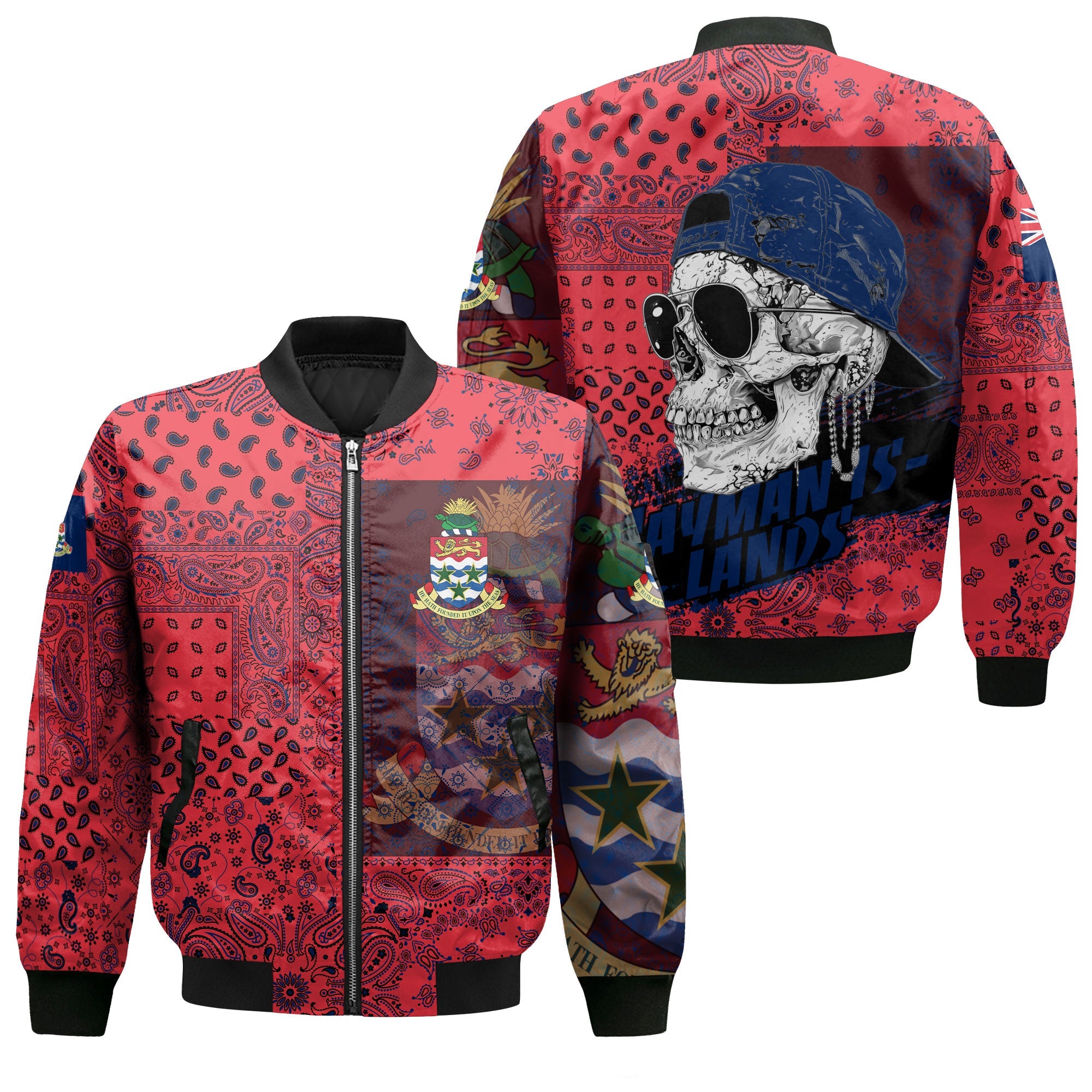 Cayman Islands Bomber Jacket Paisley Flag And Skull Style 1