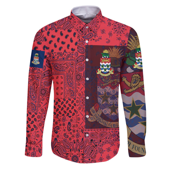 Cayman Islands Long Sleeve Button Shirt Paisley Flag And Skull Style 1