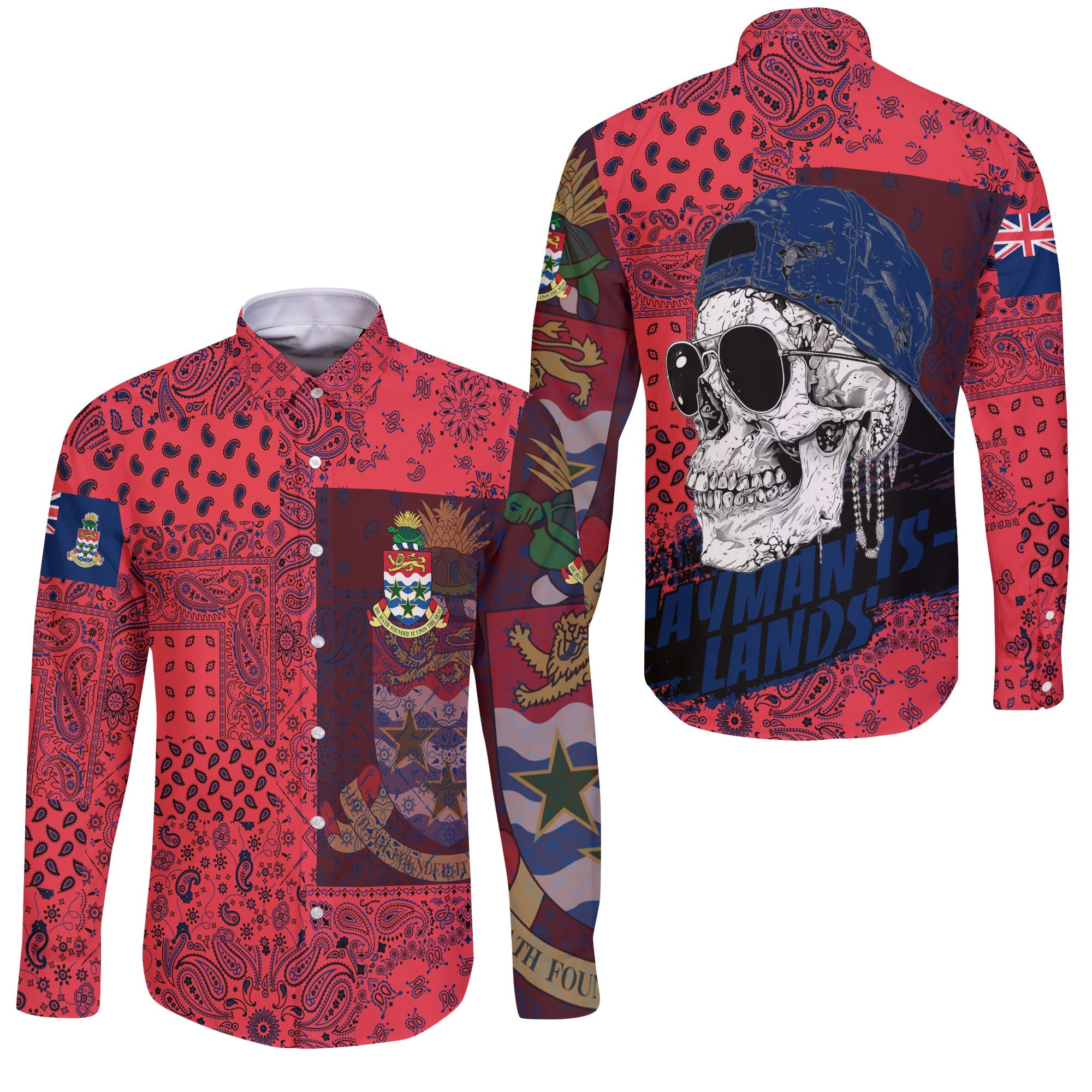 Cayman Islands Long Sleeve Button Shirt Paisley Flag And Skull Style 3