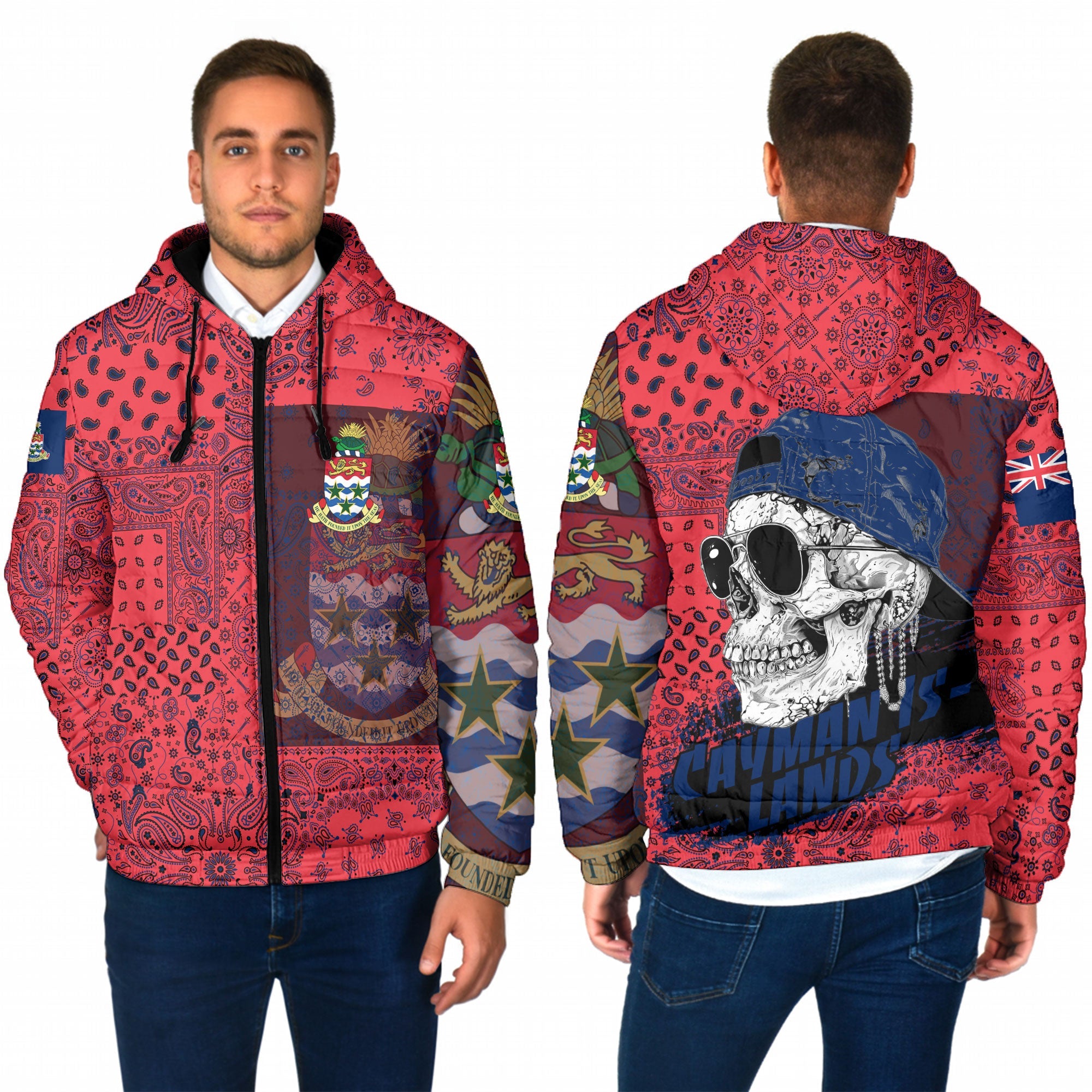 Cayman Islands Men Hooded Padded Jacket Paisley Flag And Skull Style 1