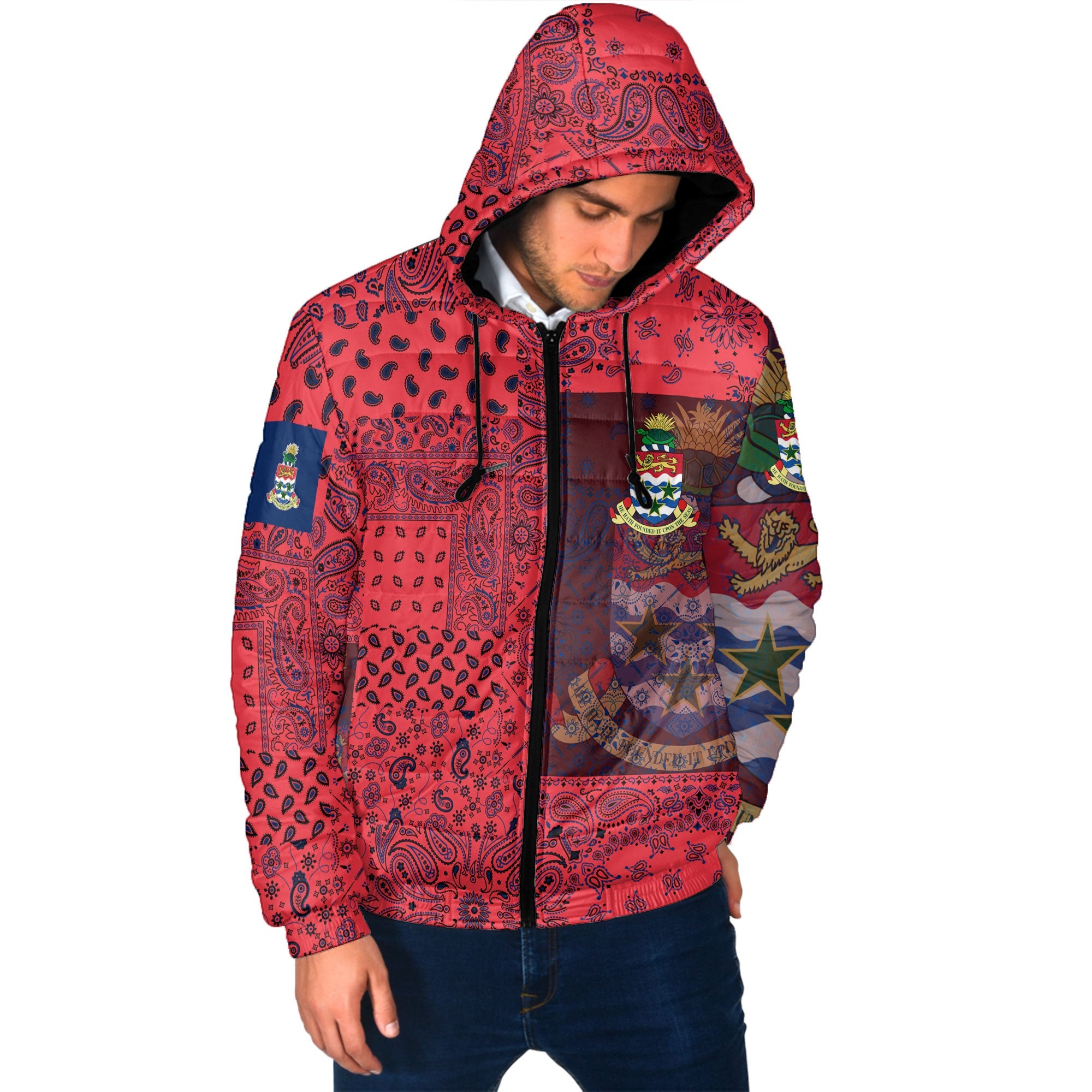 Cayman Islands Men Hooded Padded Jacket Paisley Flag And Skull Style 2