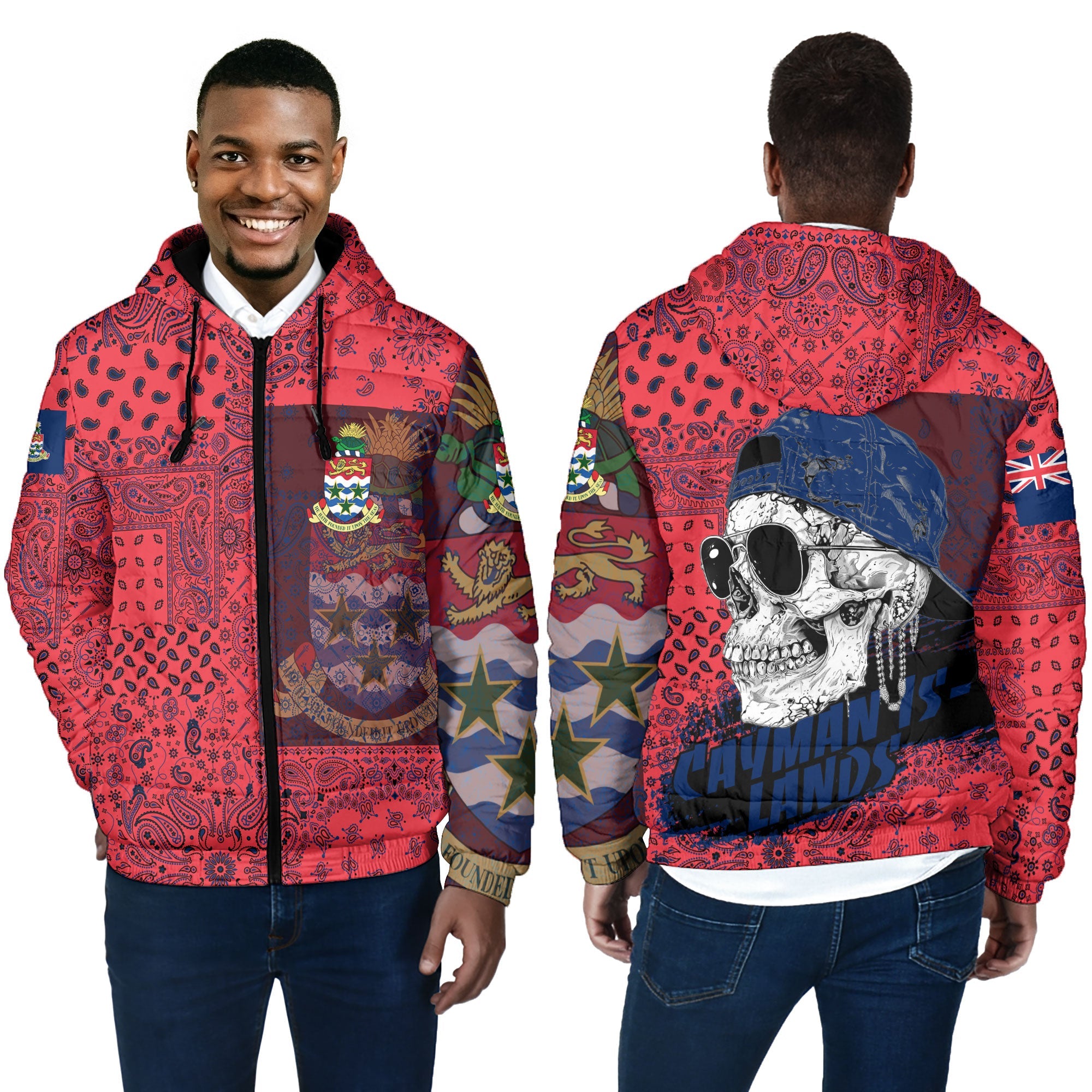 Cayman Islands Men Hooded Padded Jacket Paisley Flag And Skull Style 4