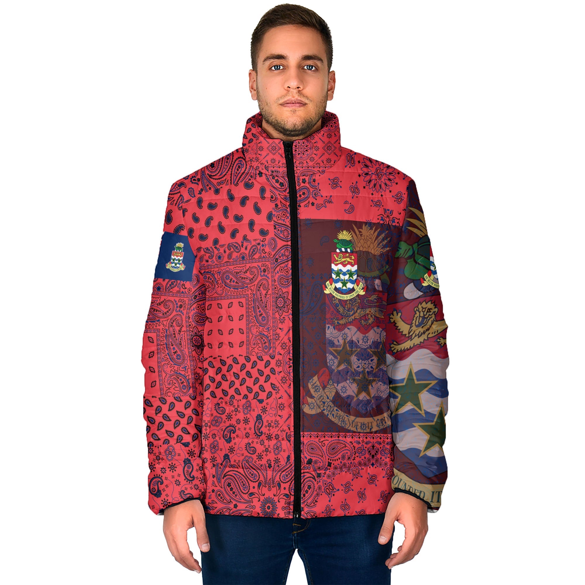 Cayman Islands Men Padded Jacket Paisley Flag And Skull Style 1