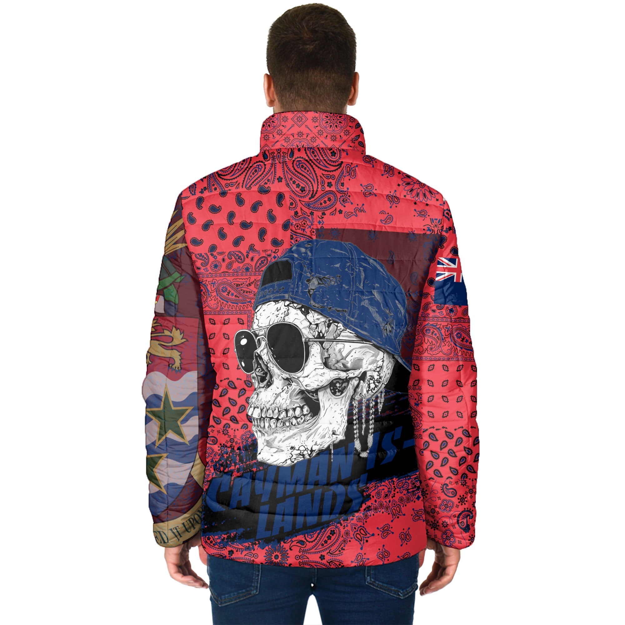 Cayman Islands Men Padded Jacket Paisley Flag And Skull Style 2