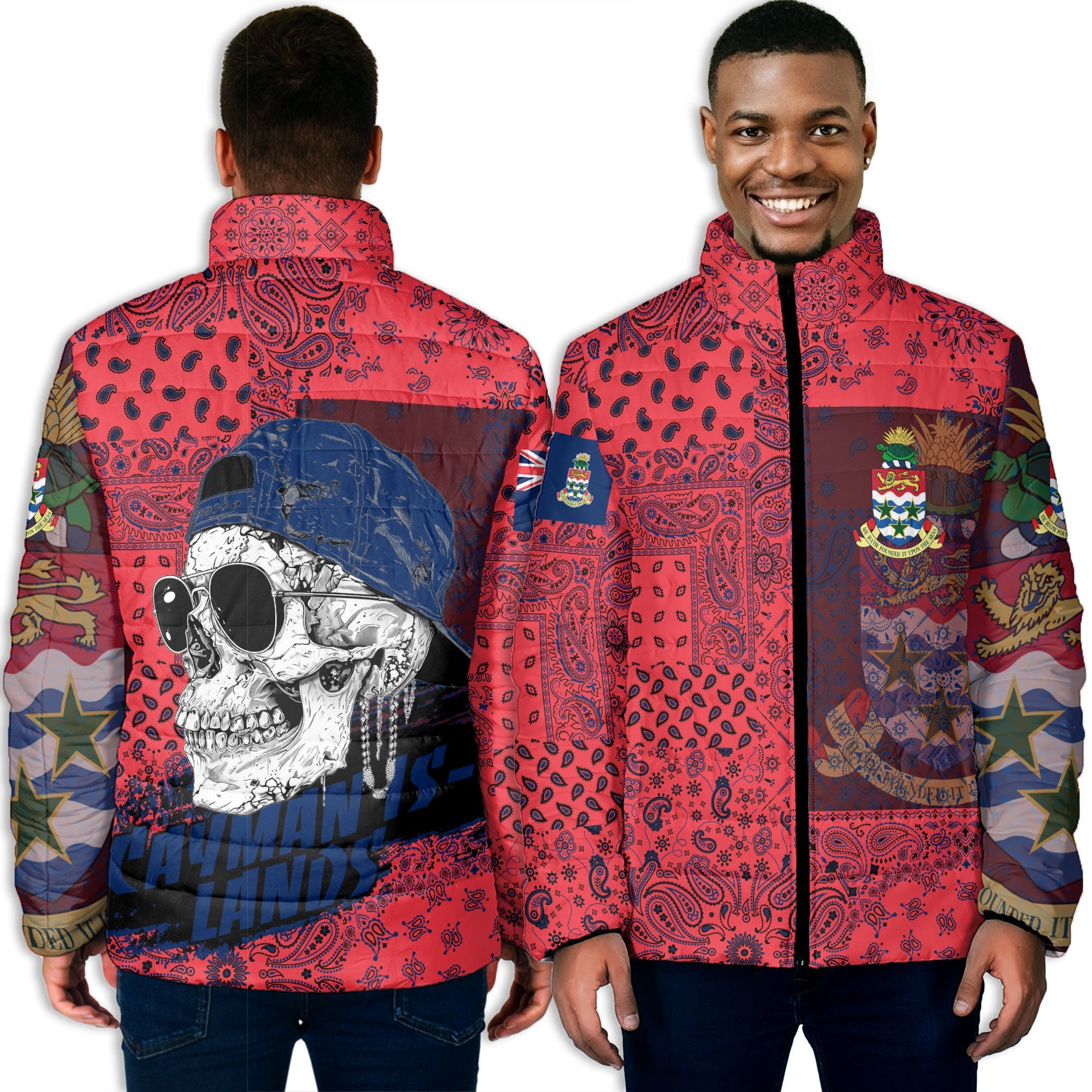 Cayman Islands Men Padded Jacket Paisley Flag And Skull Style 3