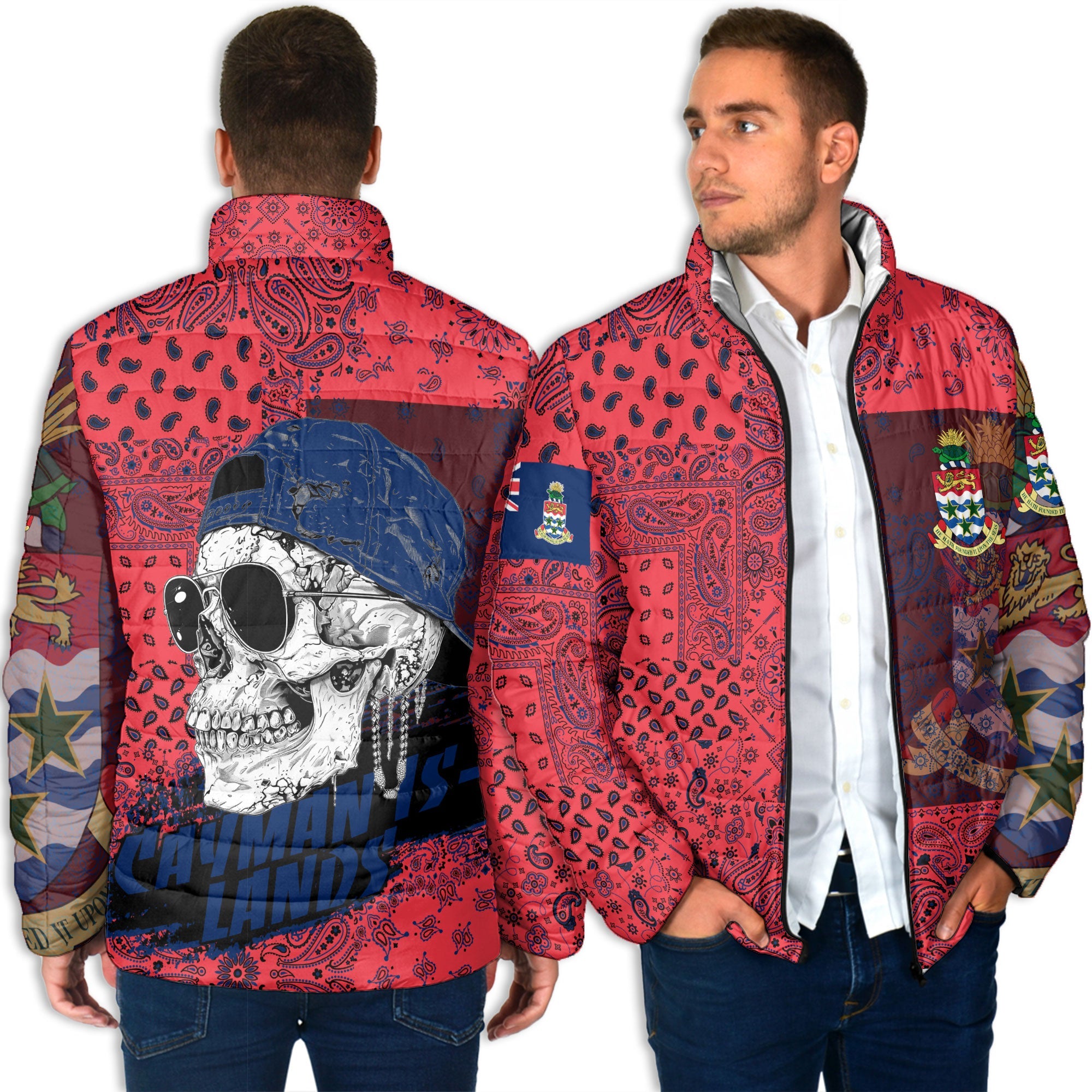 Cayman Islands Men Padded Jacket Paisley Flag And Skull Style 4