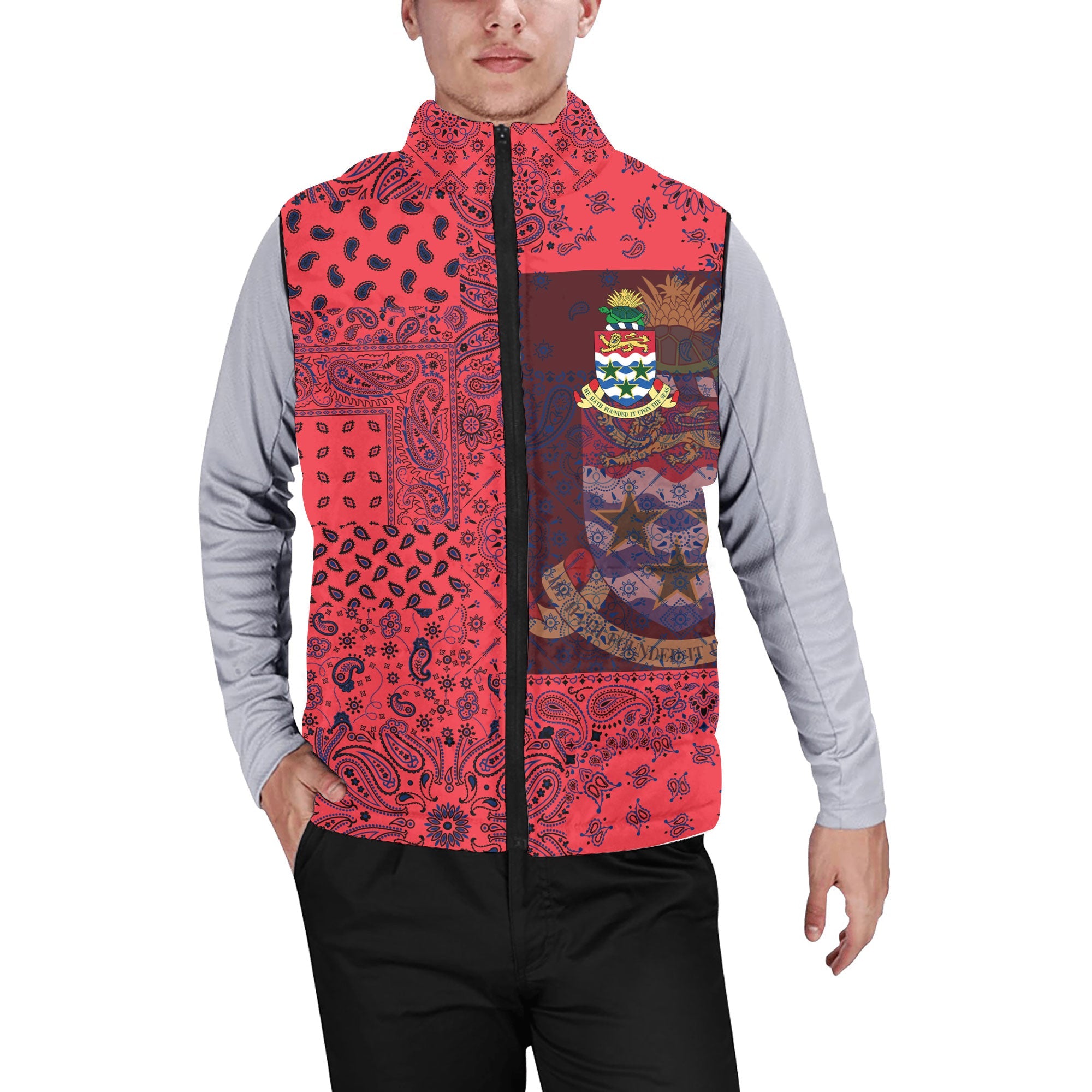 Cayman Islands Men Padded Jacket Vest Paisley Flag And Skull Style 1