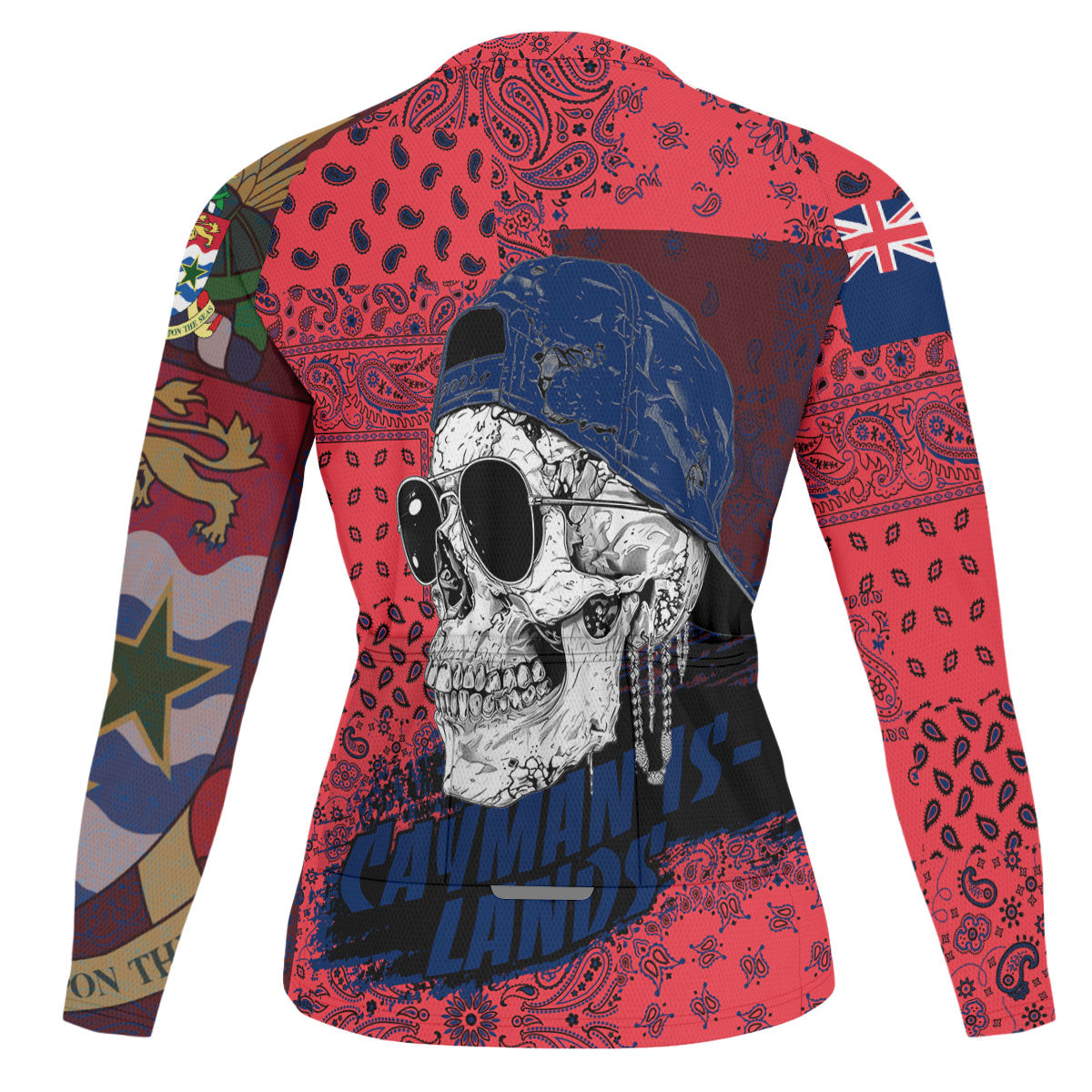 Cayman Islands Raglan Men Cycling Jersey Long Sleeve Paisley Flag And Skull Style 2