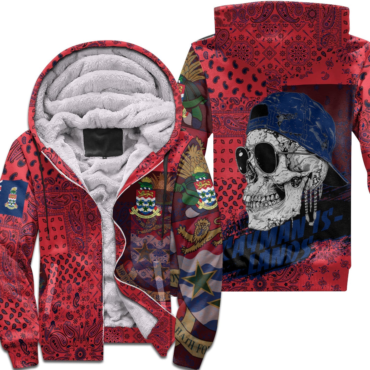 Cayman Islands Sherpa Hoodie Paisley Flag And Skull Style 1