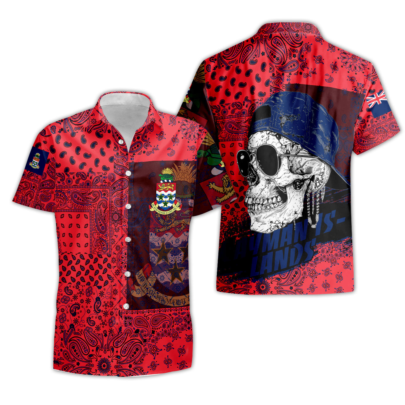 Cayman Islands Short Sleeve Shirt Paisley Flag And Skull Style 3