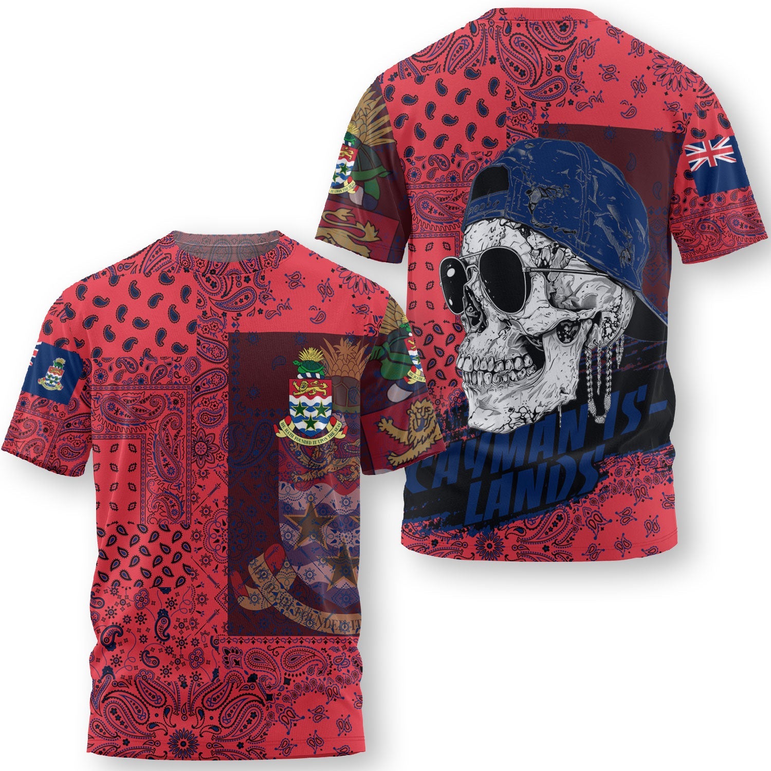 Cayman Islands T Shirt Paisley Flag And Skull Style 3