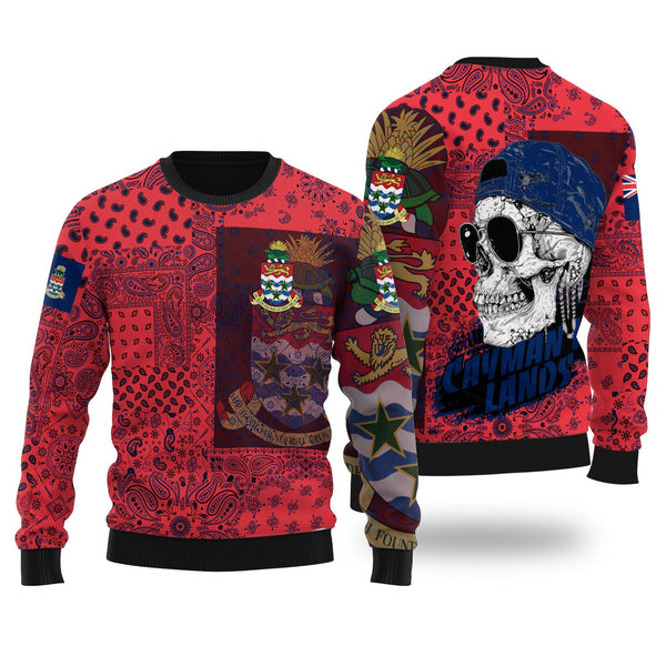 Cayman Islands Ugly Sweater Paisley Flag And Skull Style 1