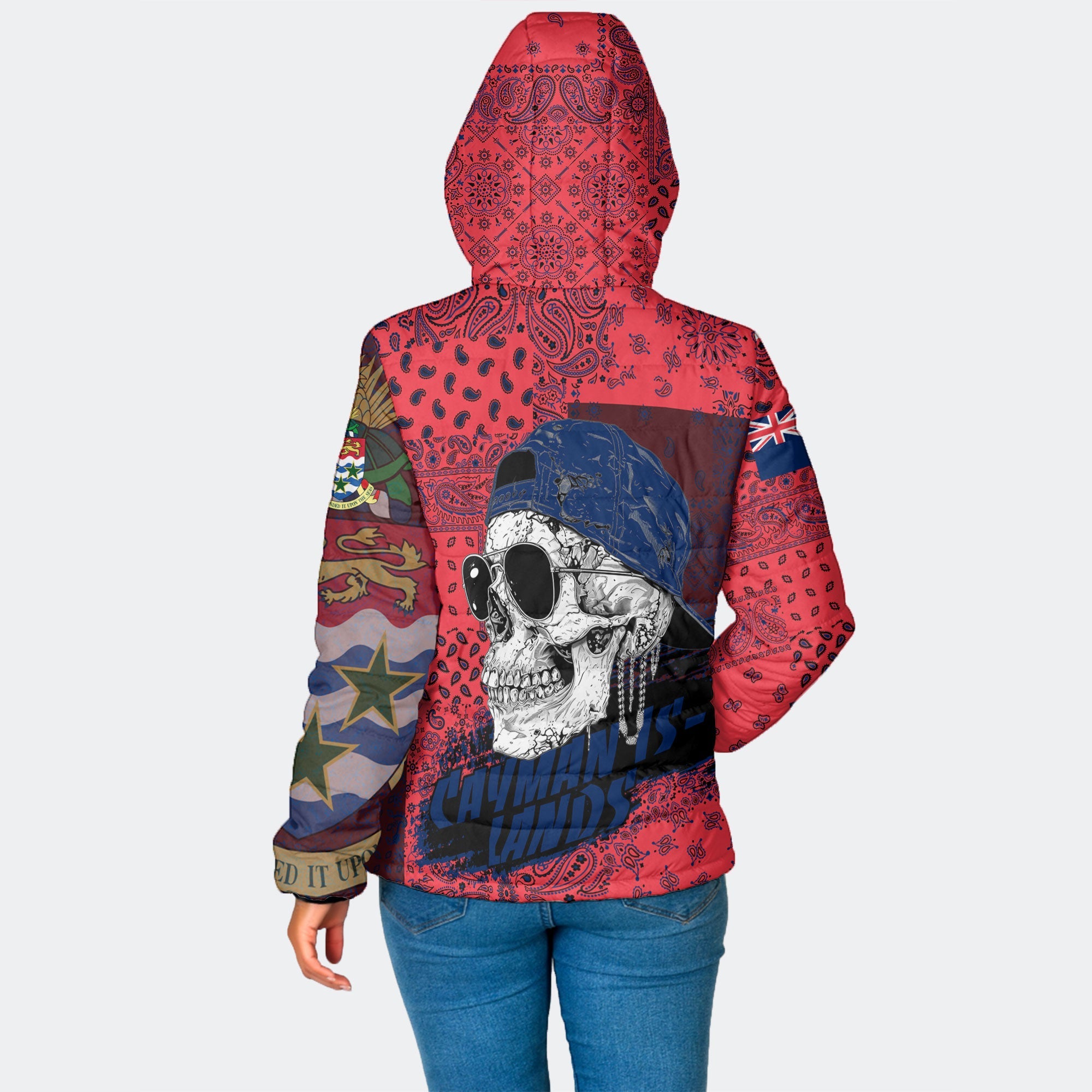 Cayman Islands Women Hooded Padded Jacket Paisley Flag And Skull Style 2