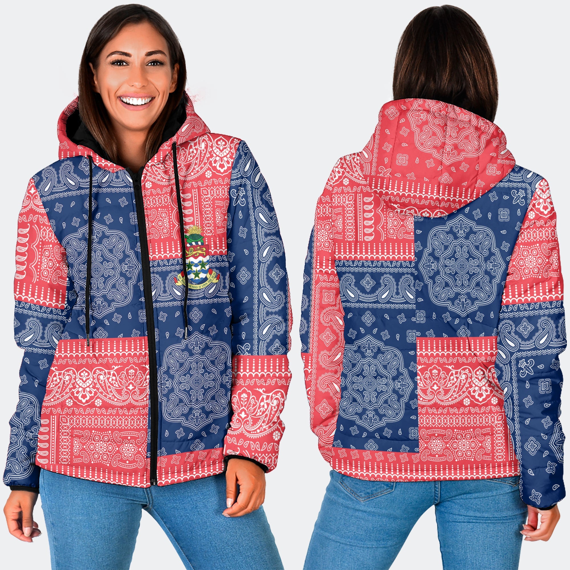 Cayman Islands Women Hooded Padded Jacket Flag And Paisley Basic Style 3