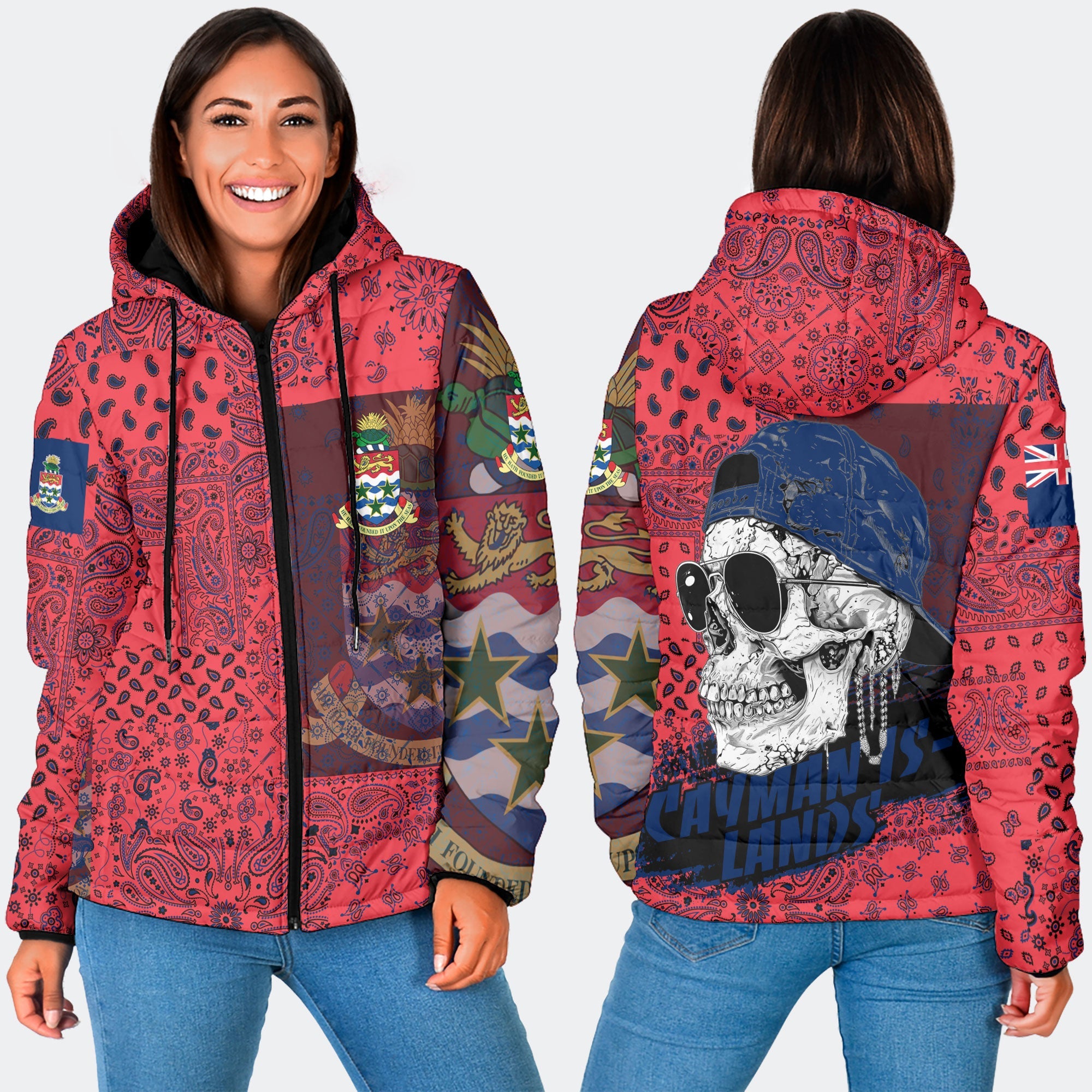 Cayman Islands Women Hooded Padded Jacket Paisley Flag And Skull Style 3