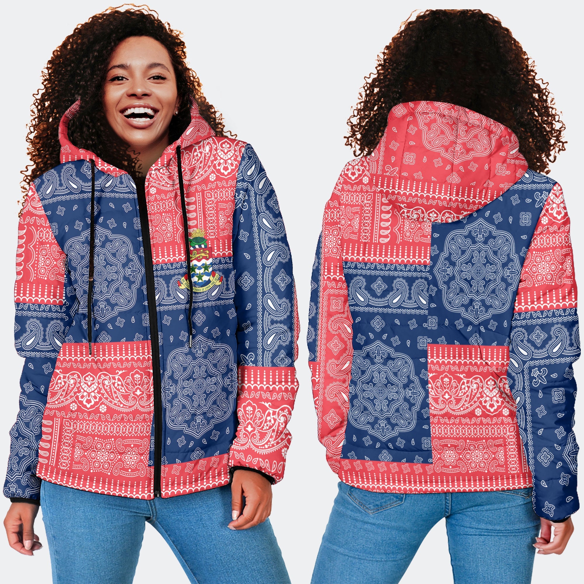 Cayman Islands Women Hooded Padded Jacket Flag And Paisley Basic Style 4