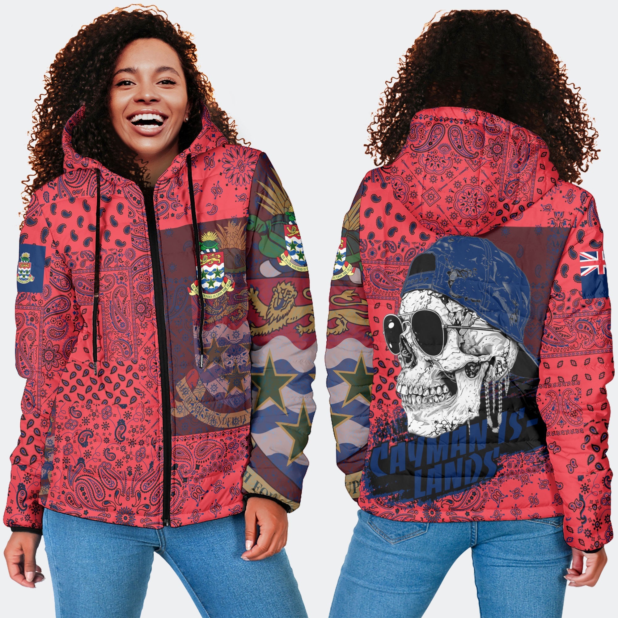 Cayman Islands Women Hooded Padded Jacket Paisley Flag And Skull Style 4