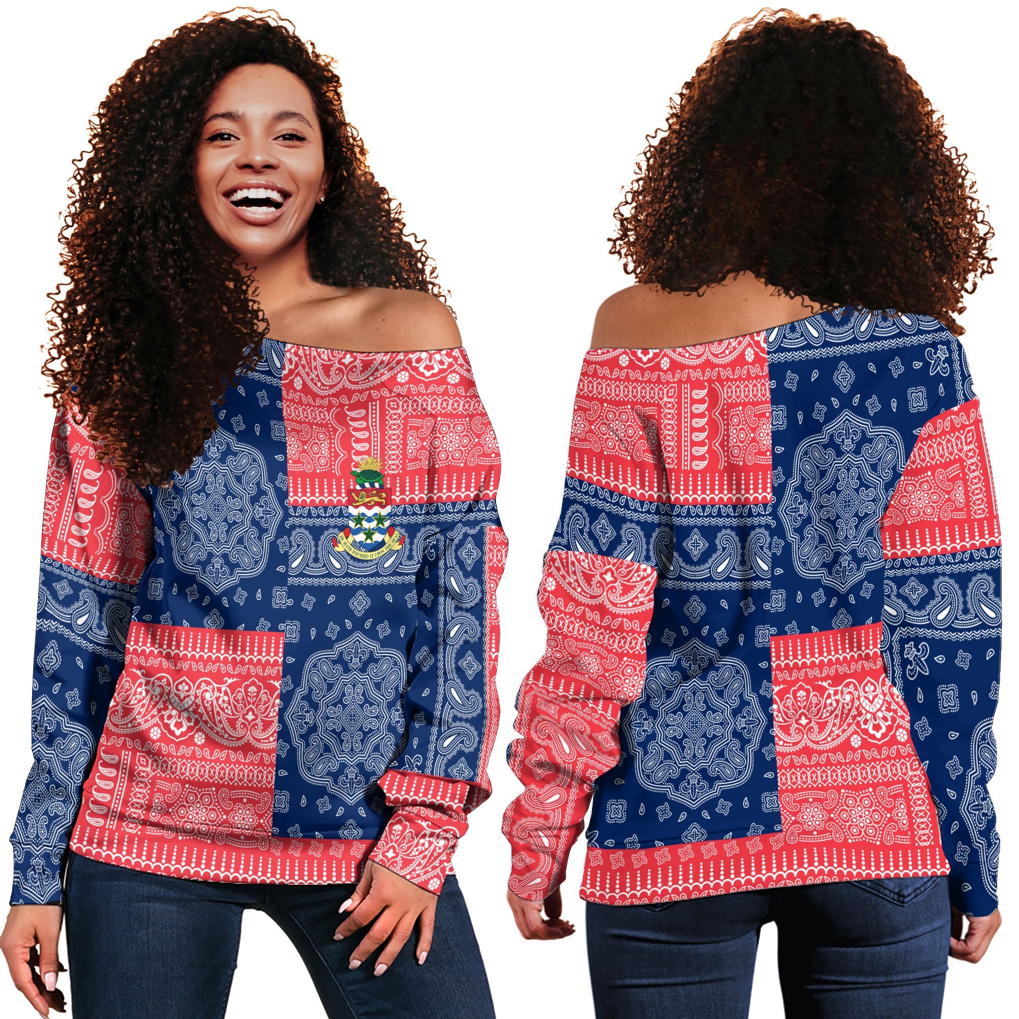 Cayman Islands Women Off Shoulder Sweatshirt Flag And Paisley Basic Style 1