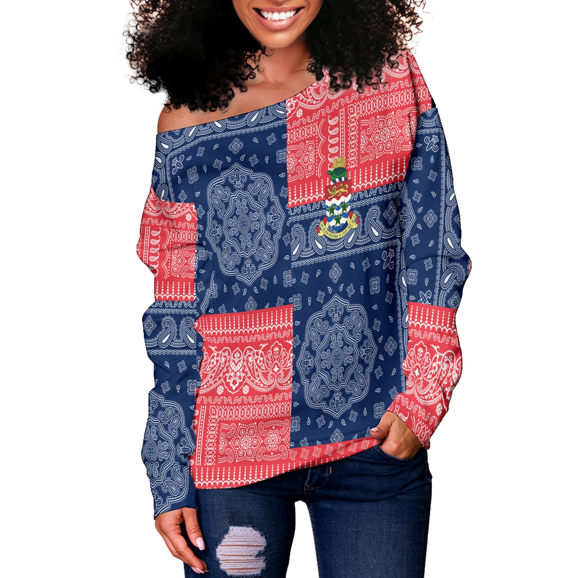 Cayman Islands Women Off Shoulder Sweatshirt Flag And Paisley Basic Style 2