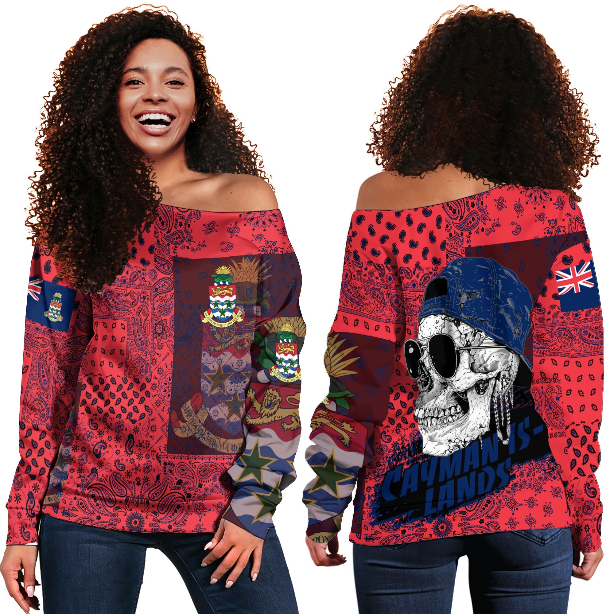 Cayman Islands Women Off Shoulder Sweatshirt Paisley Flag And Skull Style 1