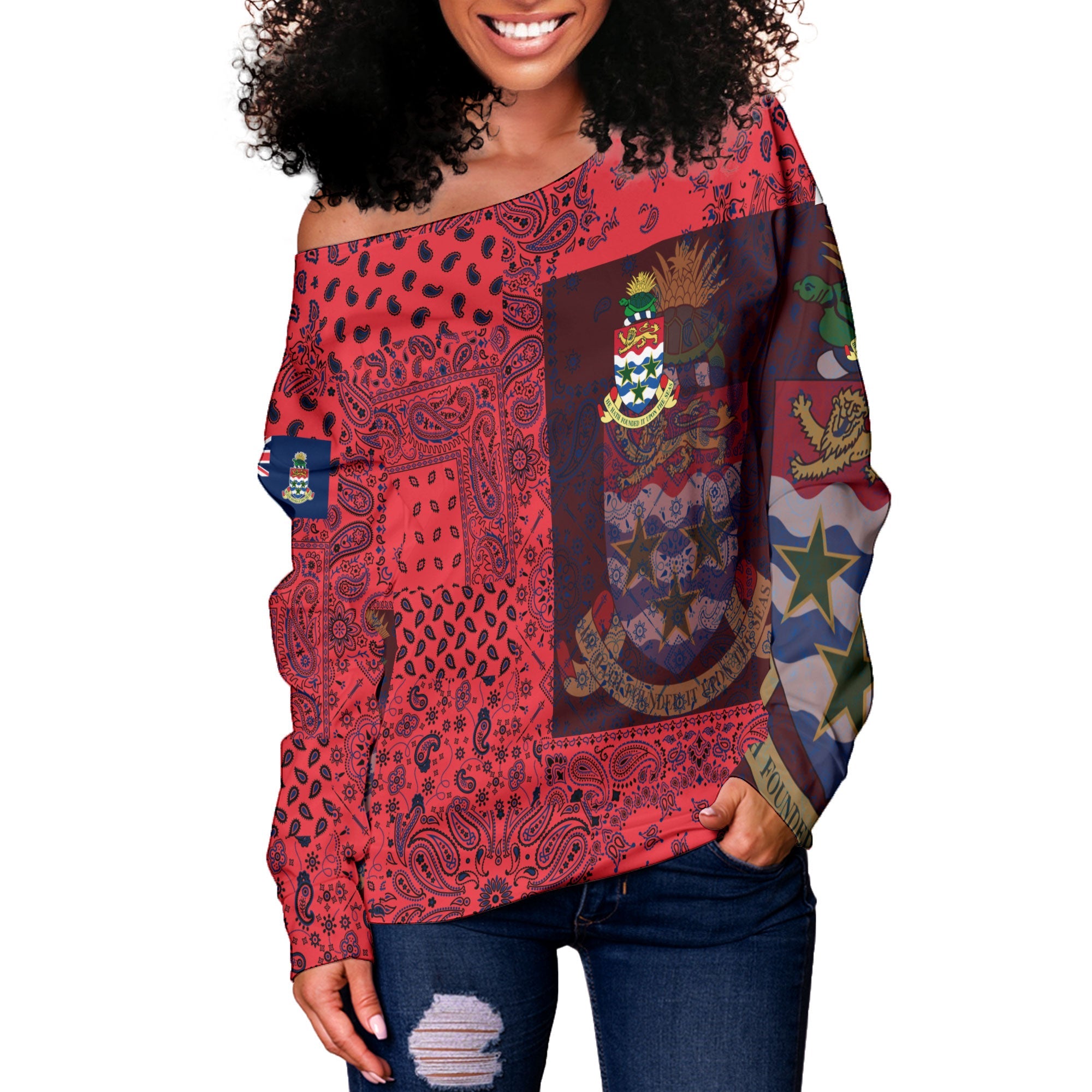 Cayman Islands Women Off Shoulder Sweatshirt Paisley Flag And Skull Style 2