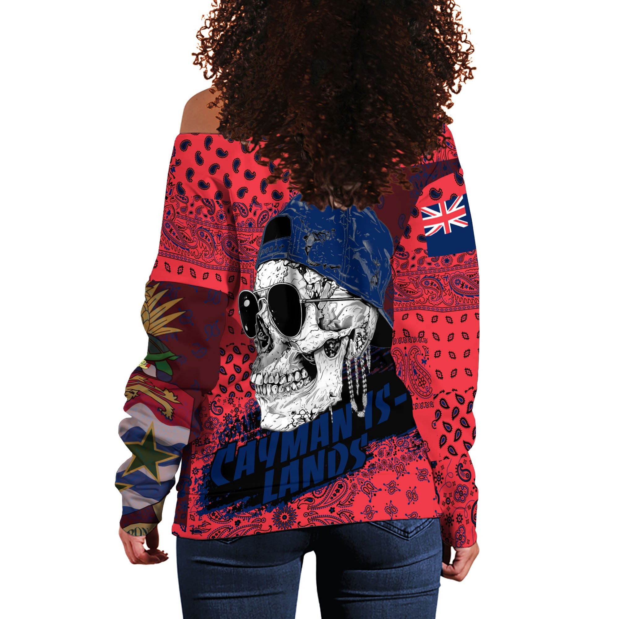 Cayman Islands Women Off Shoulder Sweatshirt Paisley Flag And Skull Style 3