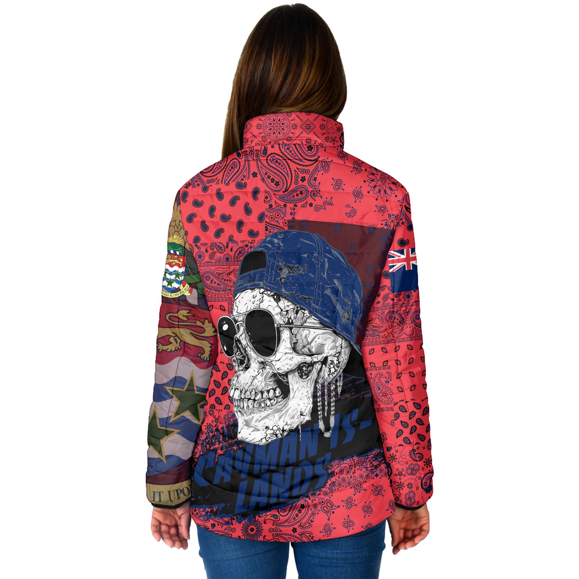 Cayman Islands Women Padded Jacket Paisley Flag And Skull Style 2