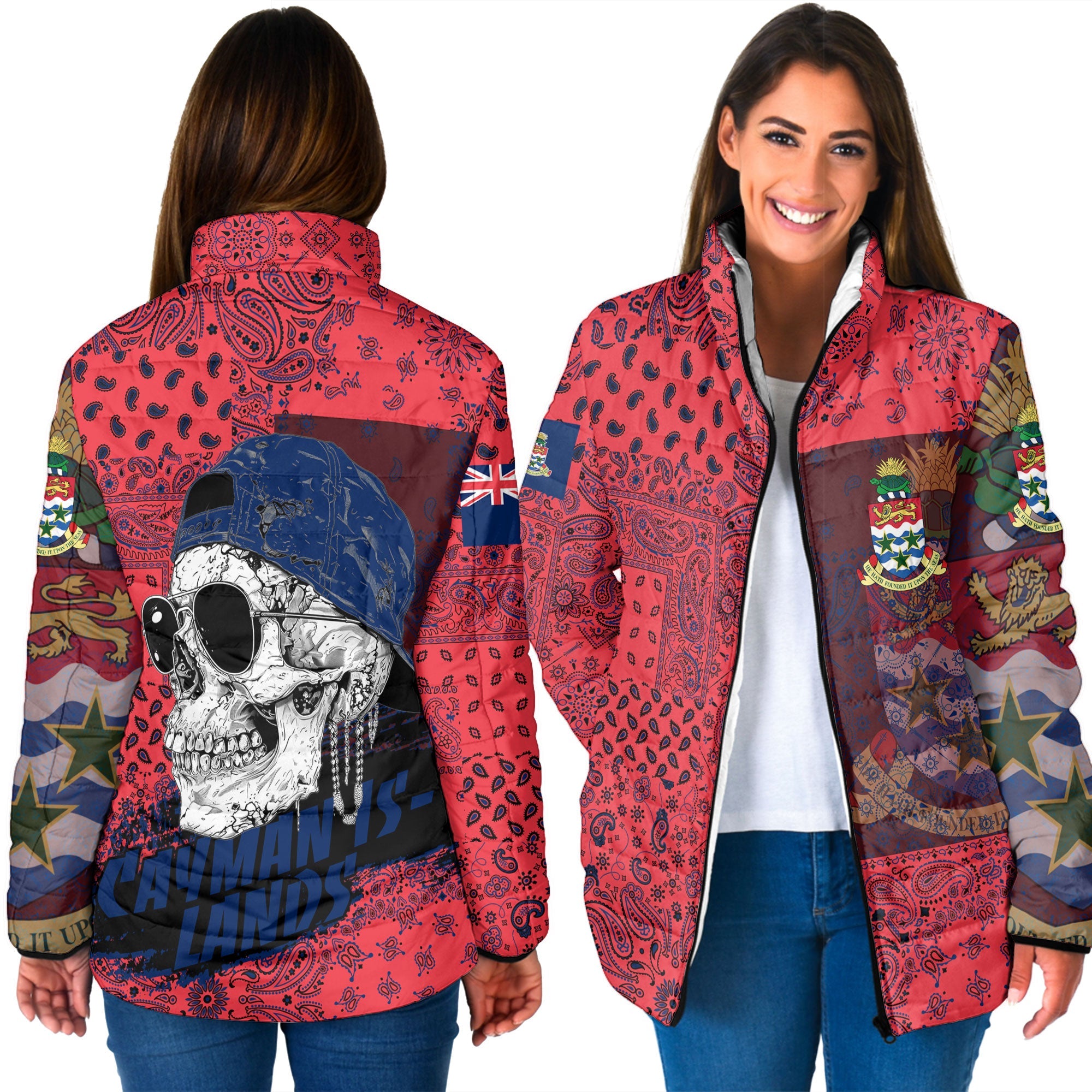 Cayman Islands Women Padded Jacket Paisley Flag And Skull Style 3