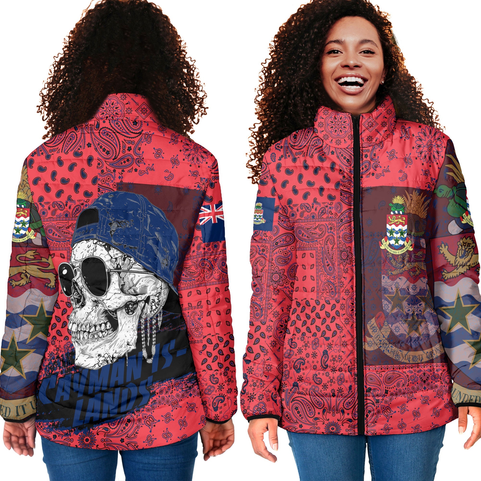 Cayman Islands Women Padded Jacket Paisley Flag And Skull Style 4