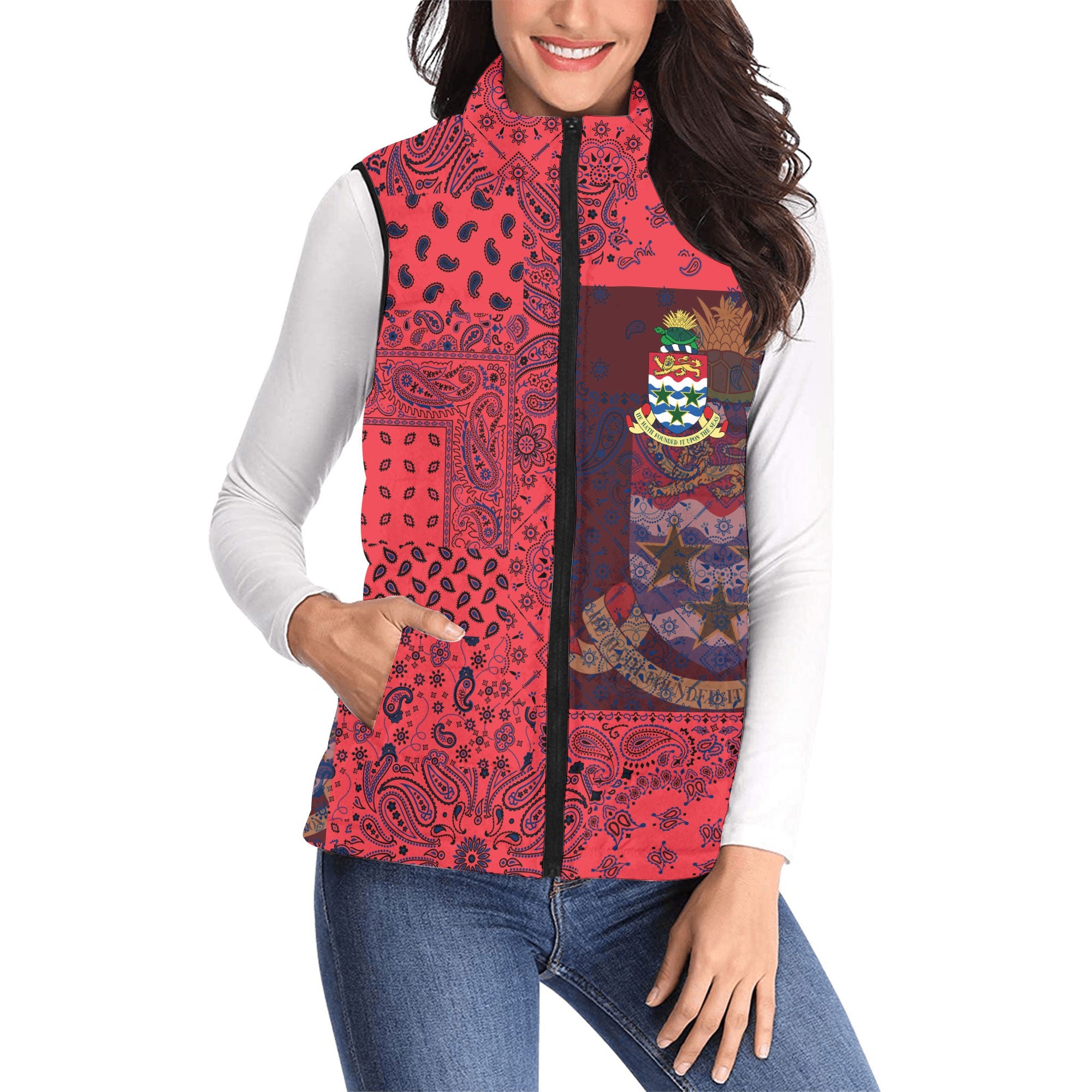 Cayman Islands Women Padded Jacket Vest Paisley Flag And Skull Style 1