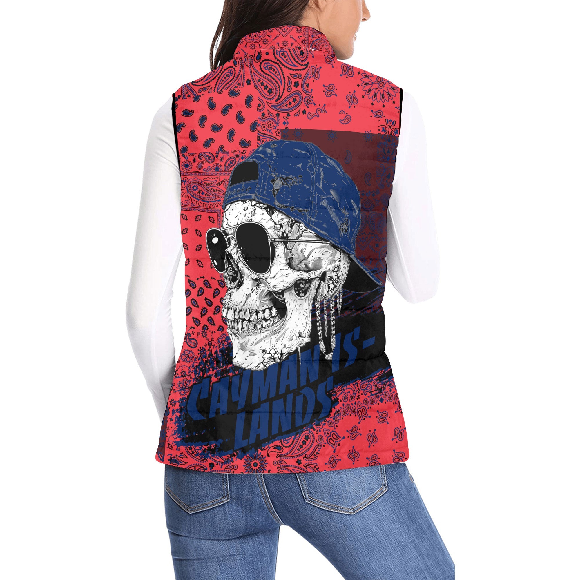 Cayman Islands Women Padded Jacket Vest Paisley Flag And Skull Style 2