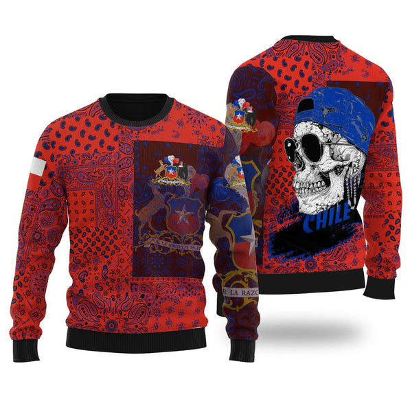 Chile Ugly Sweater Paisley Flag And Skull Style 1