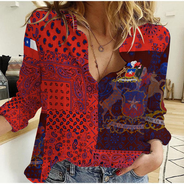 Chile Women Casual Shirt Paisley Flag And Skull Style 1