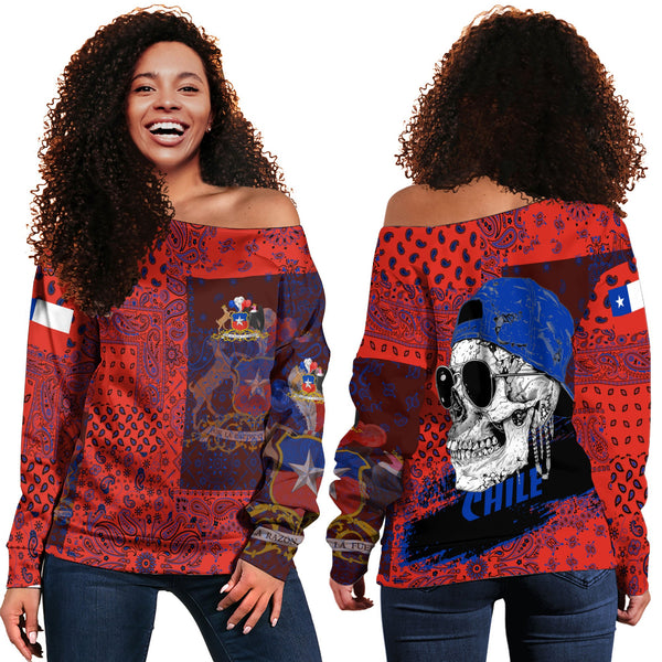 Chile Women Off Shoulder Sweatshirt Paisley Flag And Skull Style 1