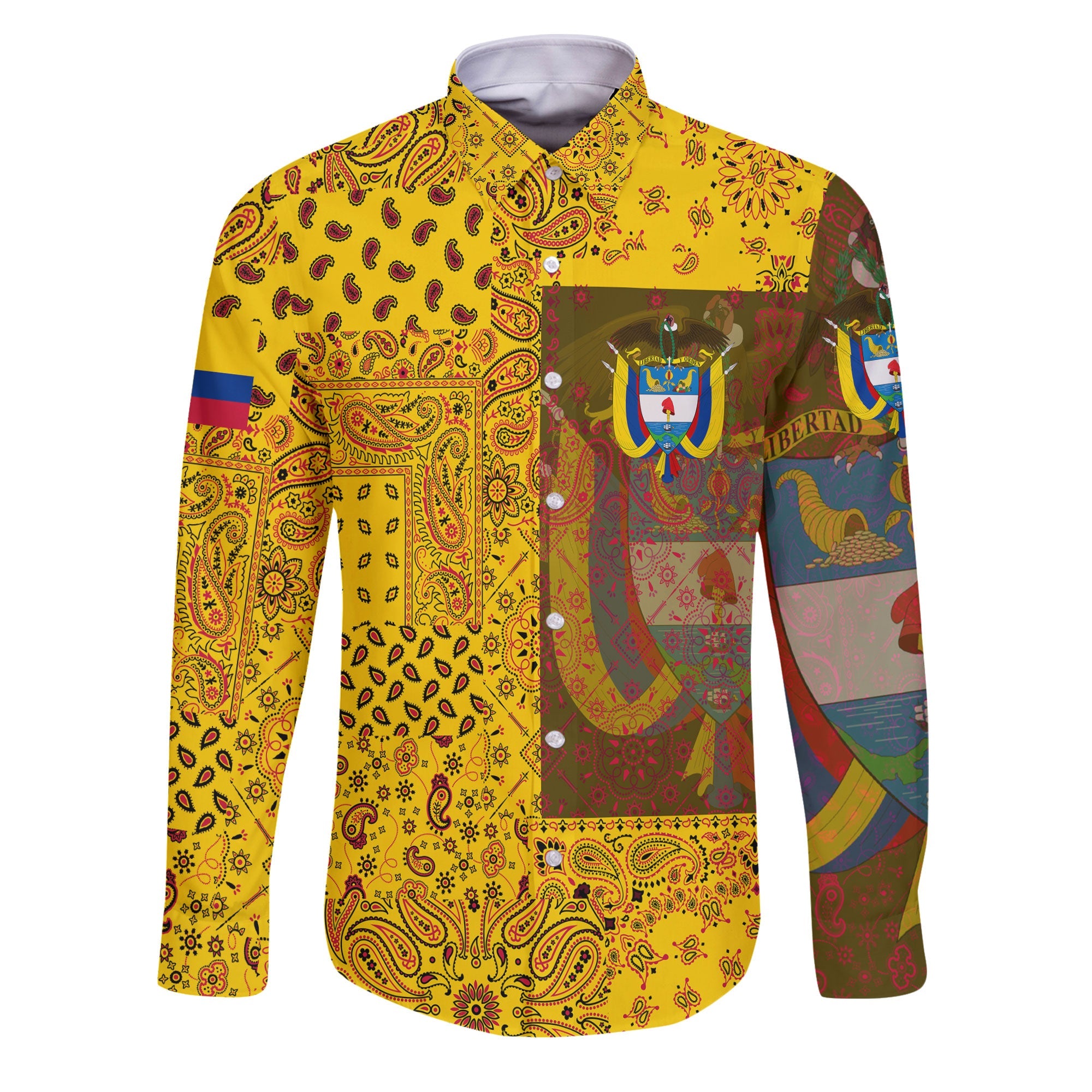 Colombia Long Sleeve Button Shirt Paisley Flag And Skull Style 1