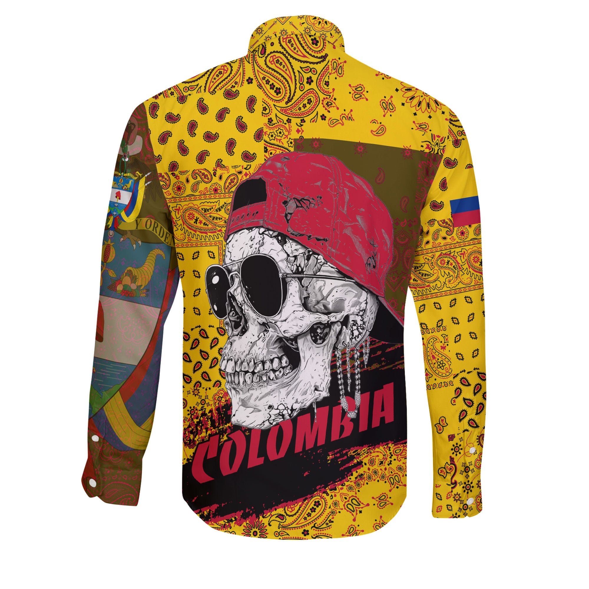 Colombia Long Sleeve Button Shirt Paisley Flag And Skull Style 2