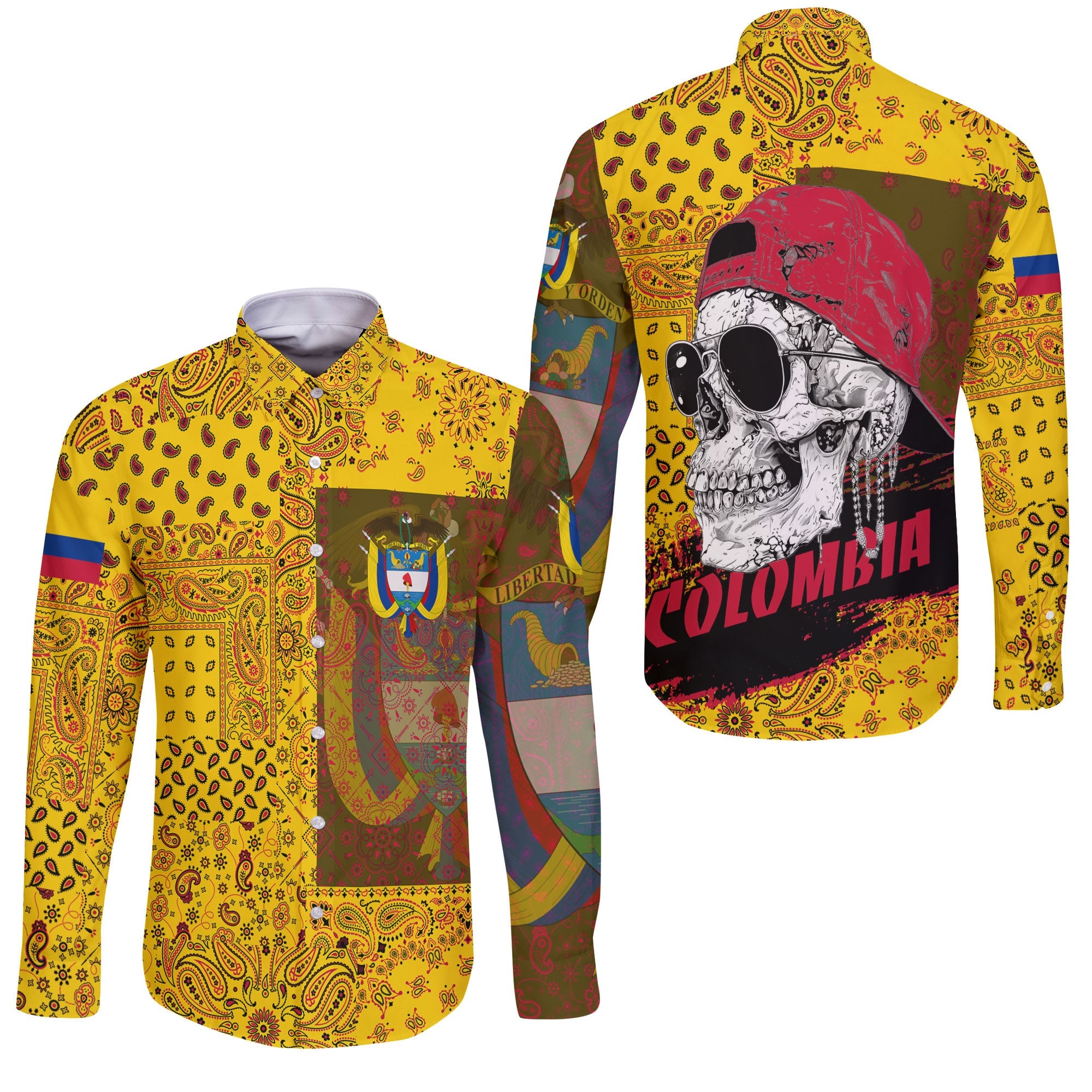 Colombia Long Sleeve Button Shirt Paisley Flag And Skull Style 3