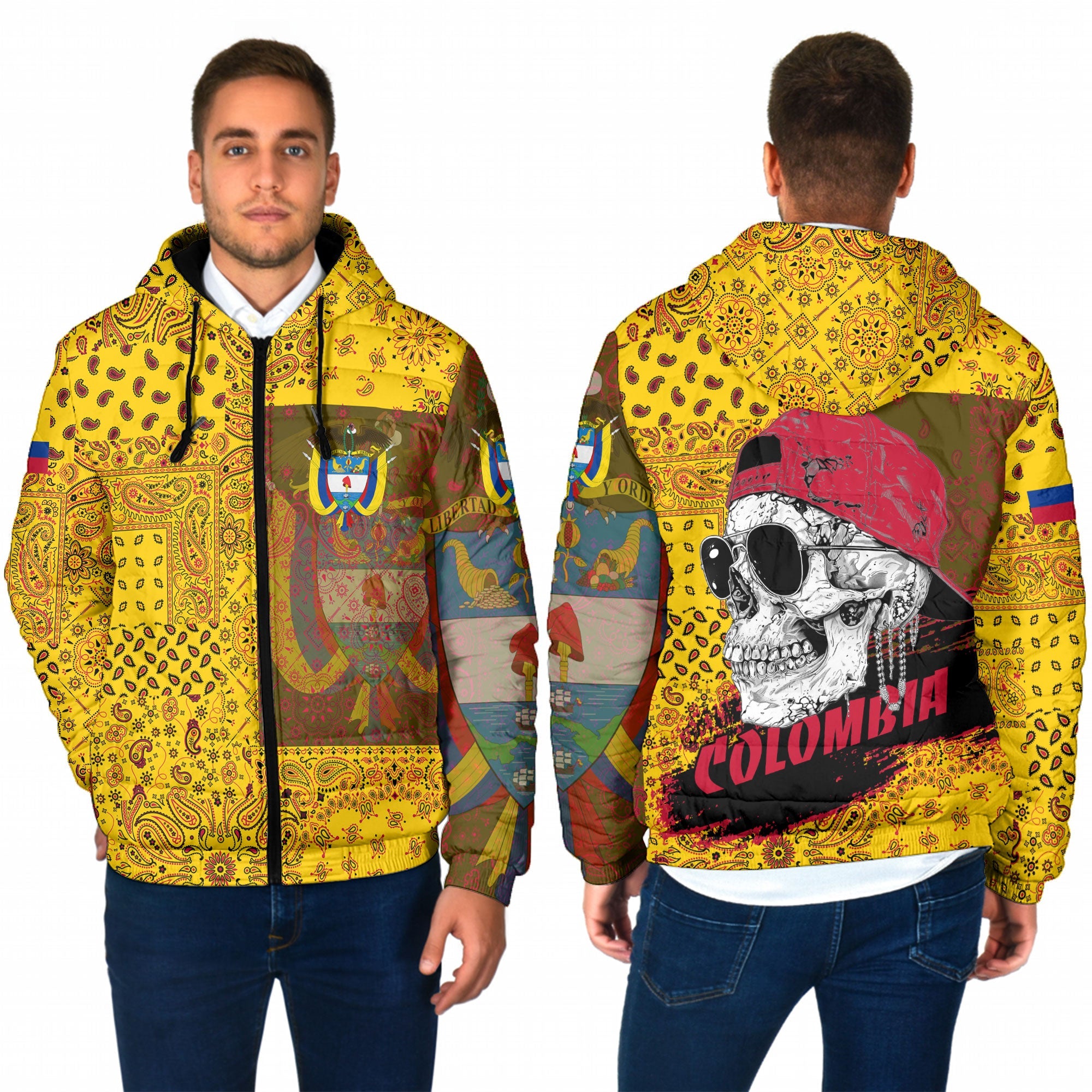 Colombia Men Hooded Padded Jacket Paisley Flag And Skull Style 1