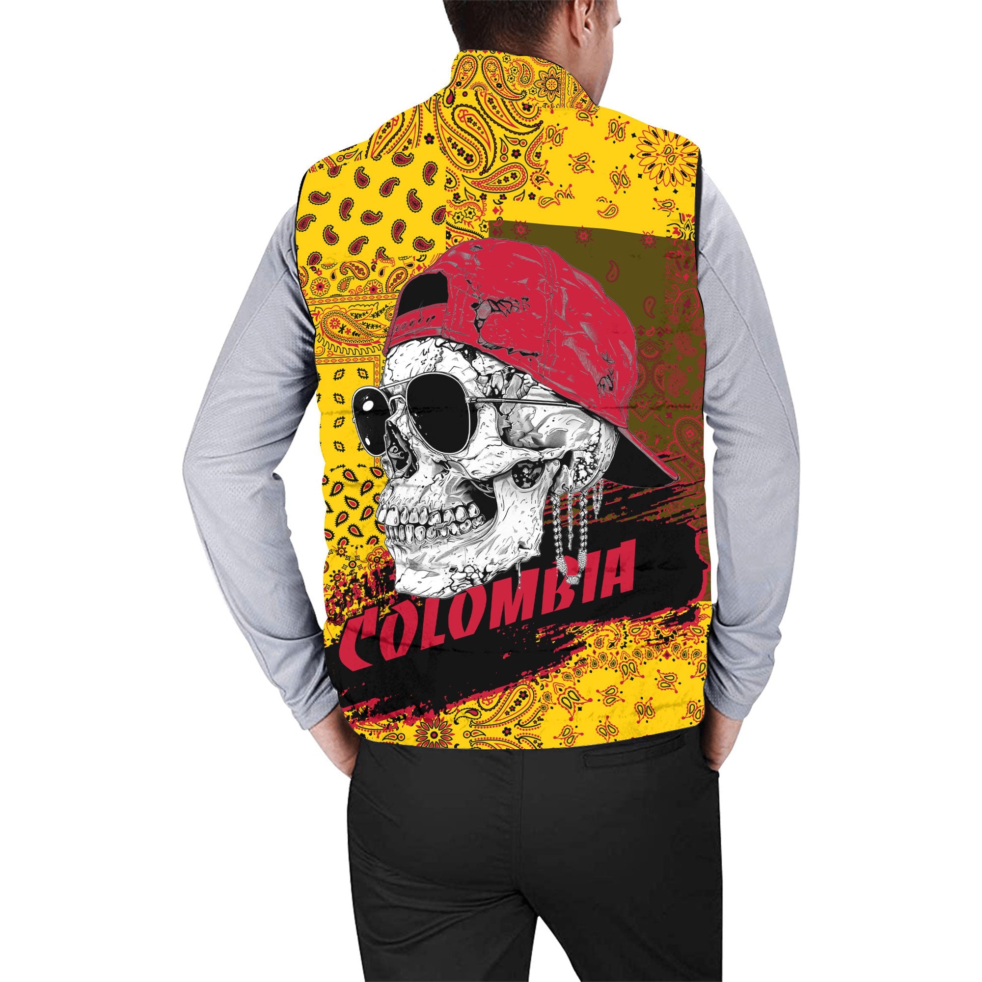 Colombia Men Padded Jacket Vest Paisley Flag And Skull Style 2