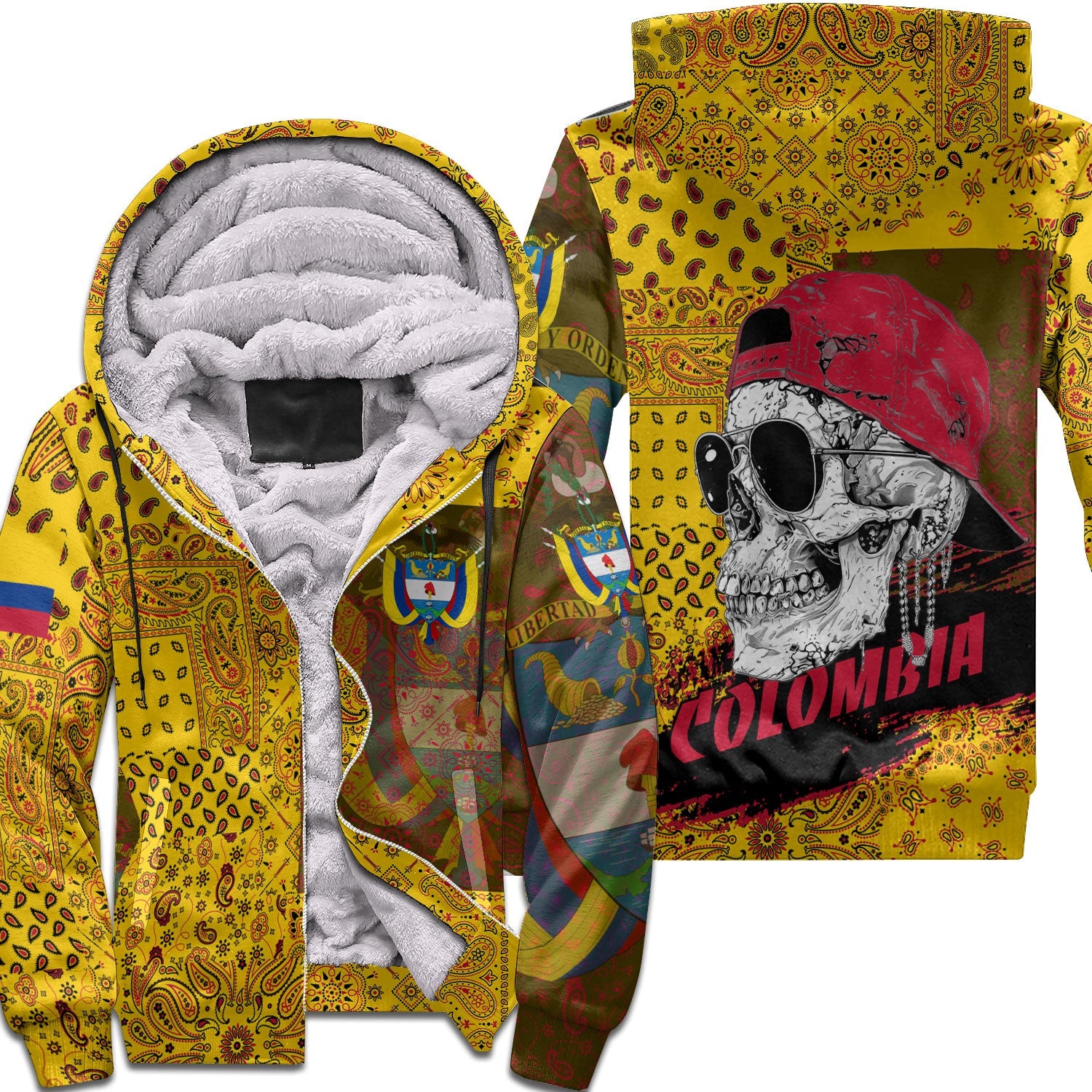 Colombia Sherpa Hoodie Paisley Flag And Skull Style 1