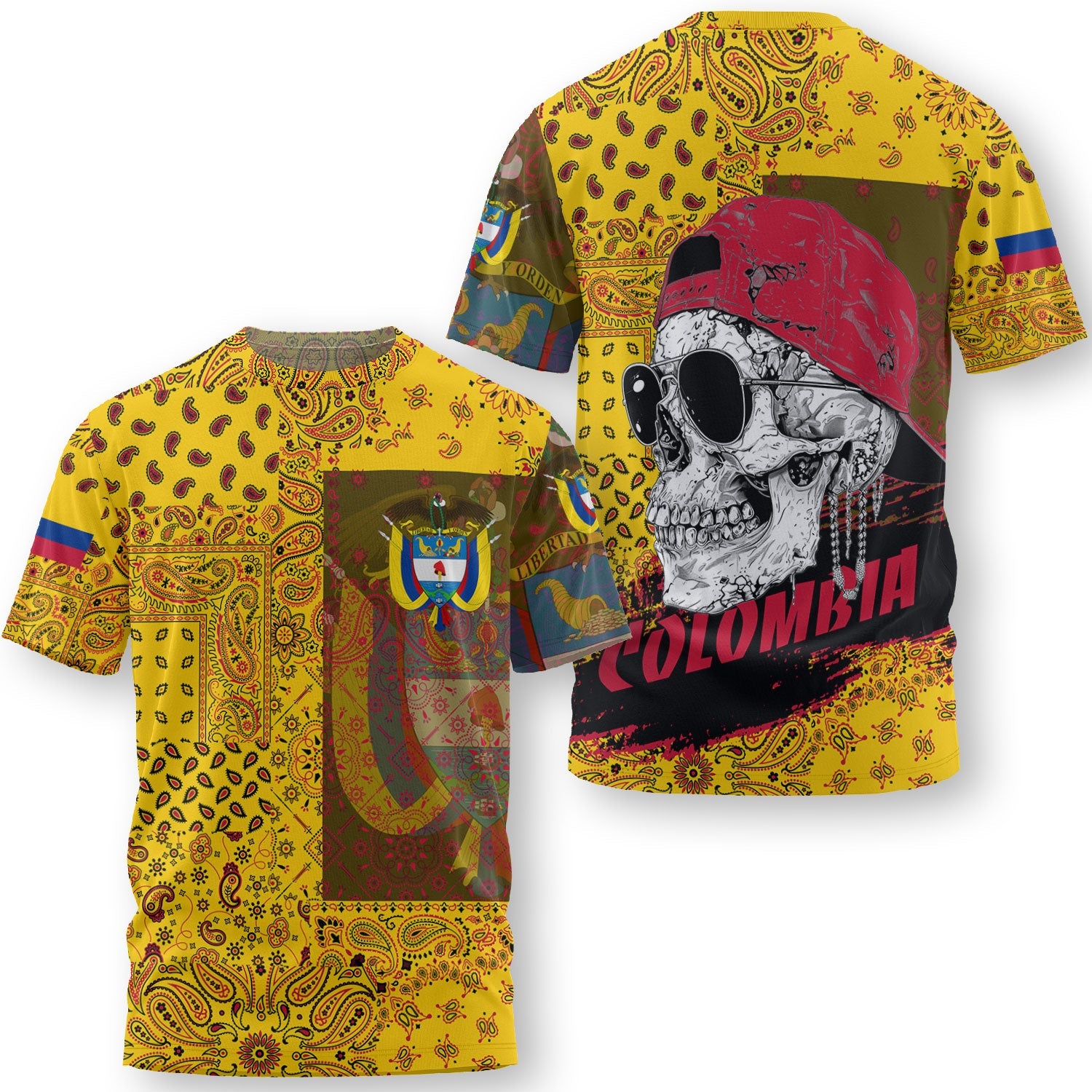 Colombia T Shirt Paisley Flag And Skull Style 3