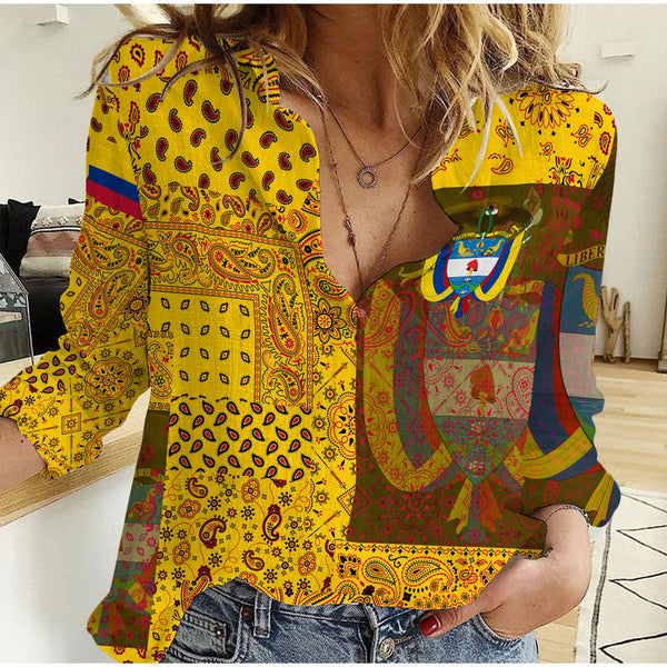 Colombia Women Casual Shirt Paisley Flag And Skull Style 1