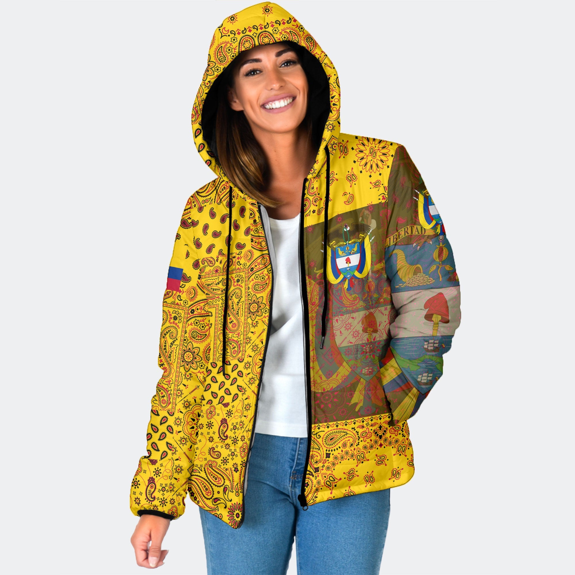 Colombia Women Hooded Padded Jacket Paisley Flag And Skull Style 1