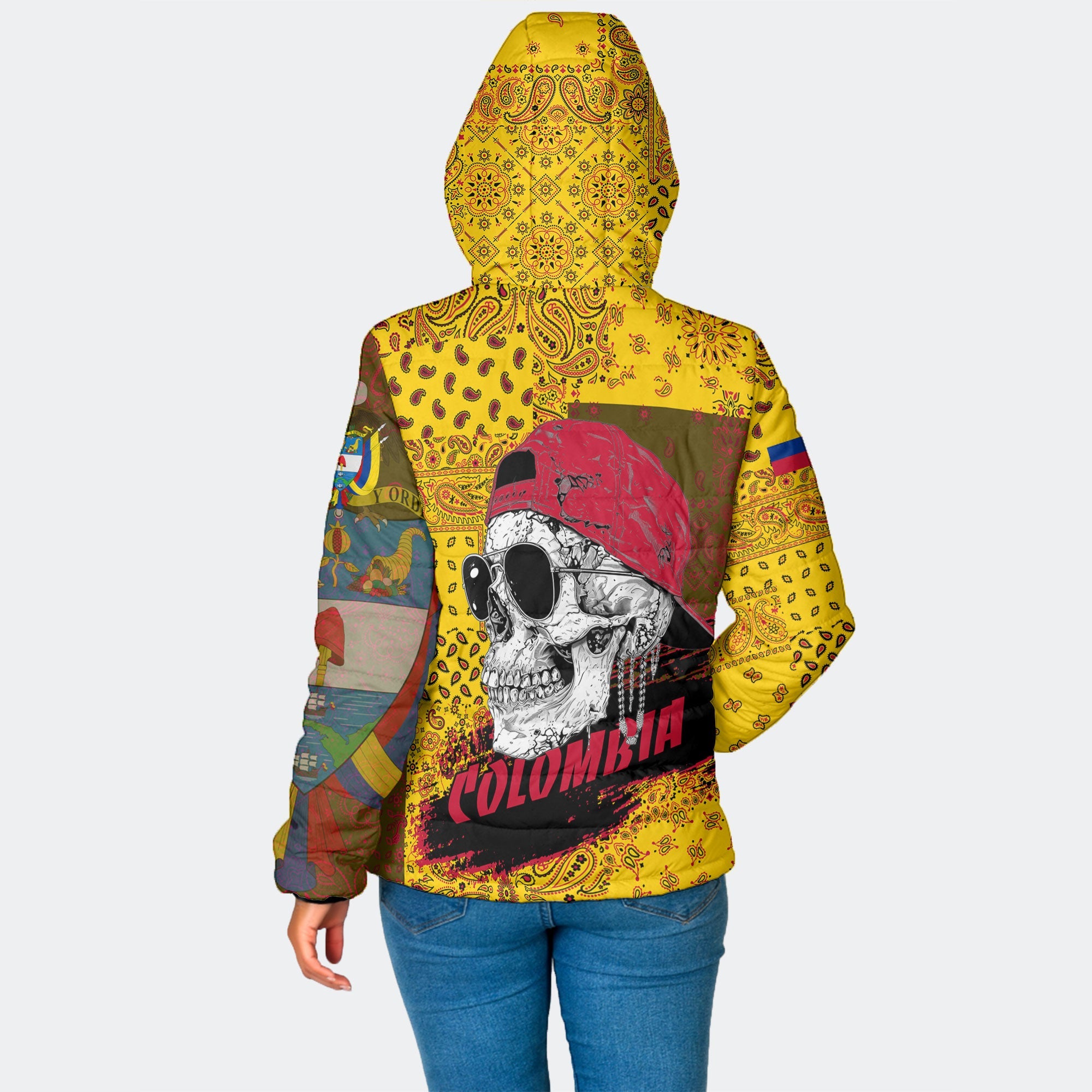 Colombia Women Hooded Padded Jacket Paisley Flag And Skull Style 2